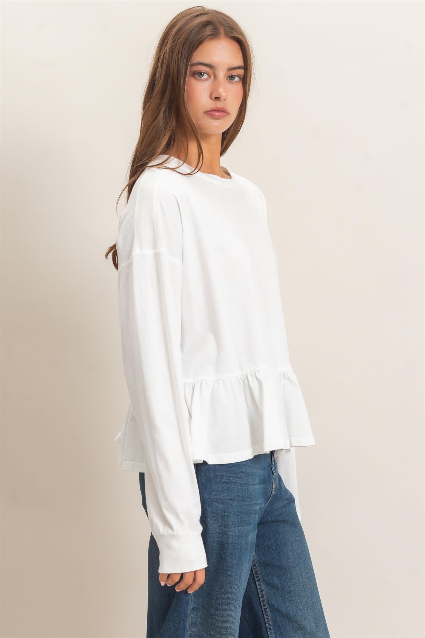 Wholesale Peplum Long Sleeve Top Clothing Tops DZ26F397 WHITE DOUBLE ZERO