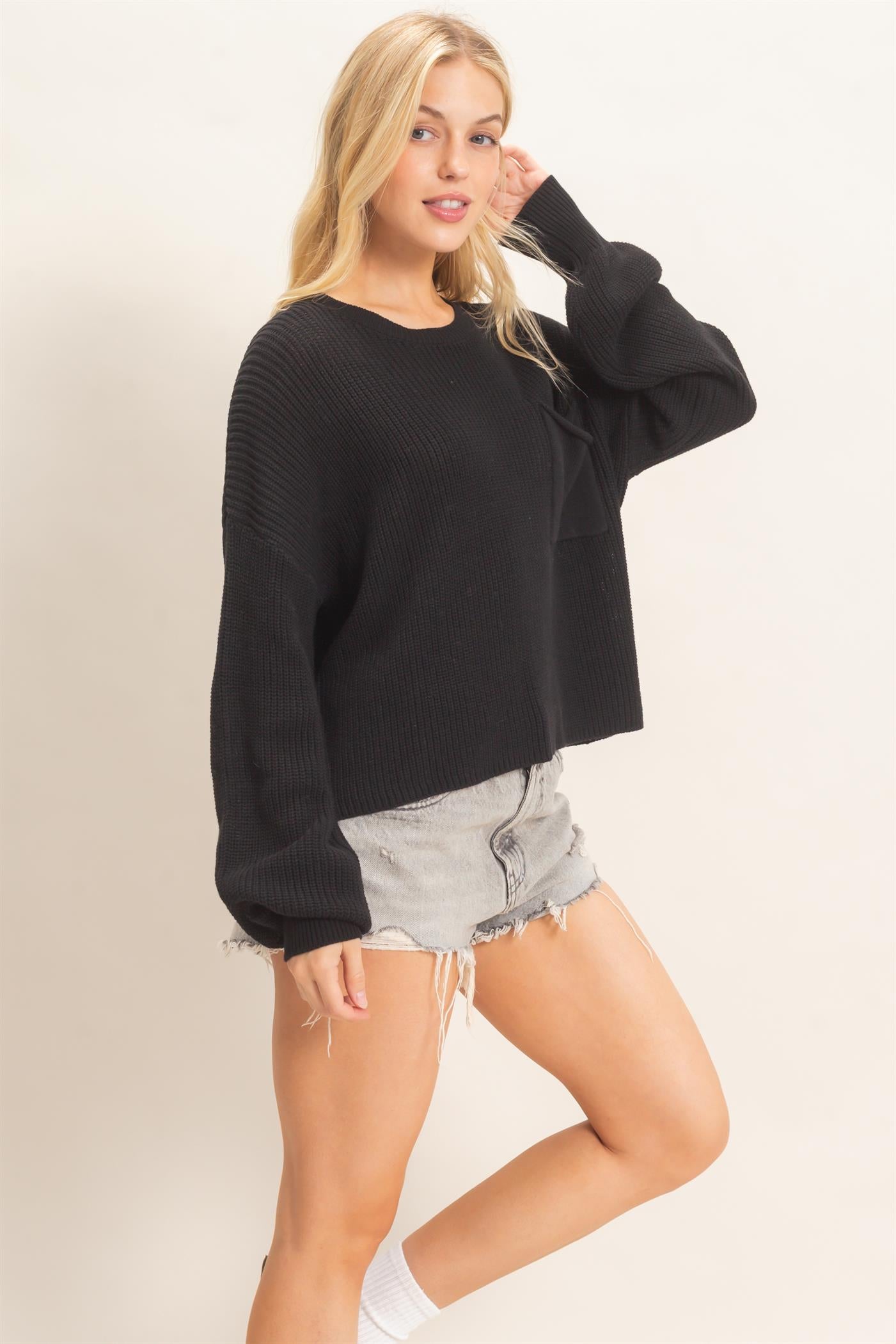 Wholesale Ribbed Drop Shoulder Sweater Sweaters HF26F181 BLACK HYFVE