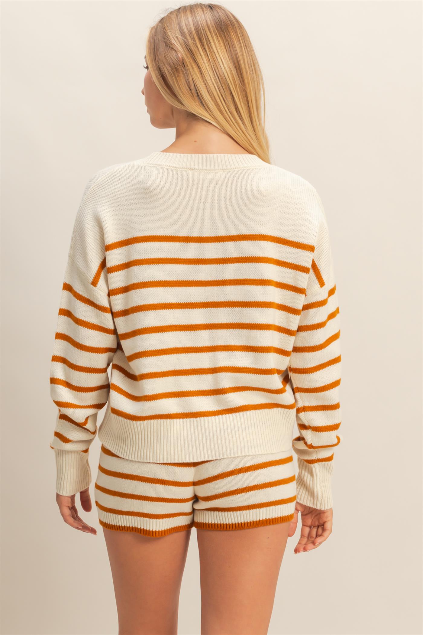 Wholesale Striped Knit Sweater And Shorts Set Clothing DZ25E141-SET CREAM/CARAMEL DOUBLE ZERO