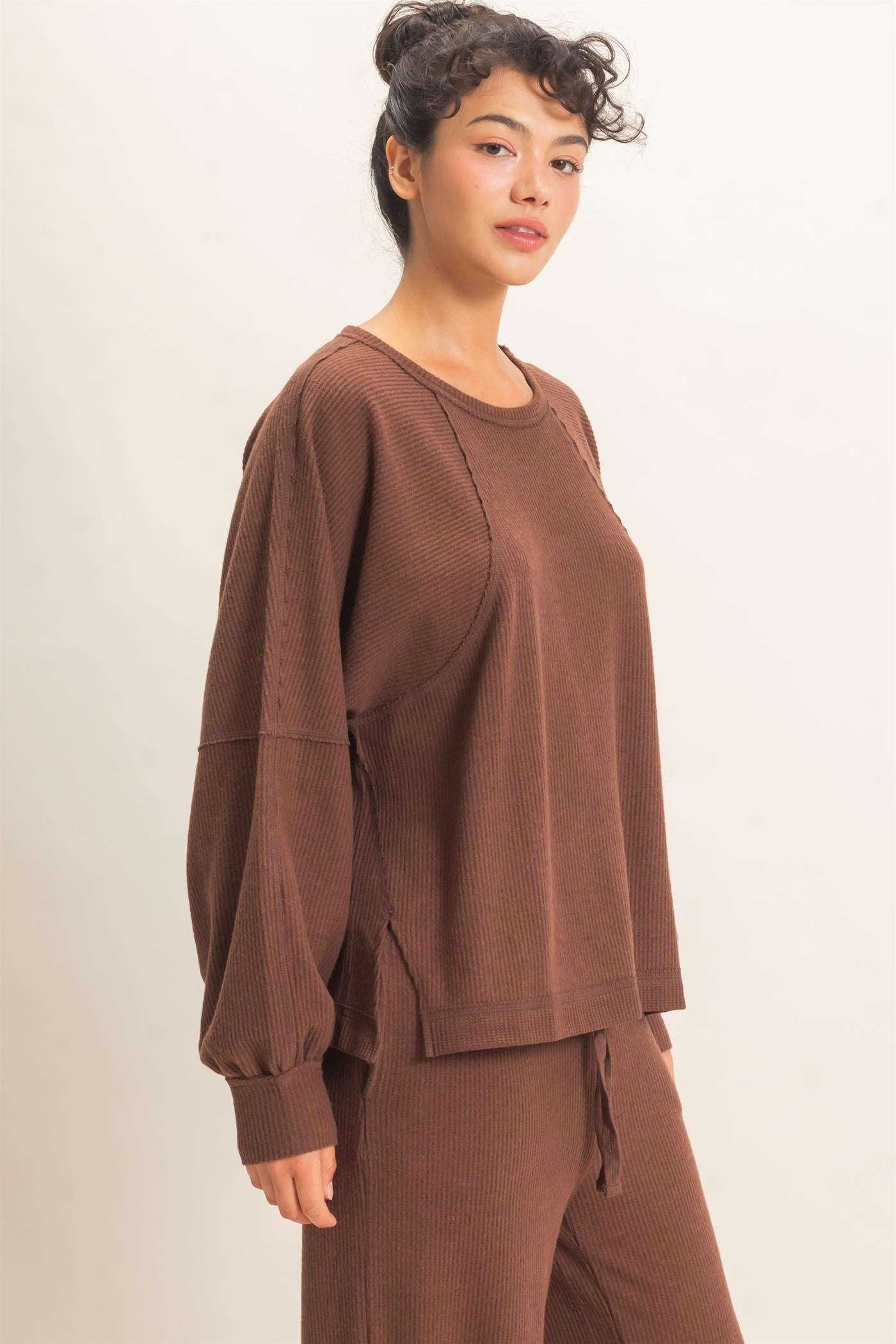 Wholesale Brushed Waffle Long Sleeve Top Clothing Tops DZ26F312 DARK BROWN DOUBLE ZERO