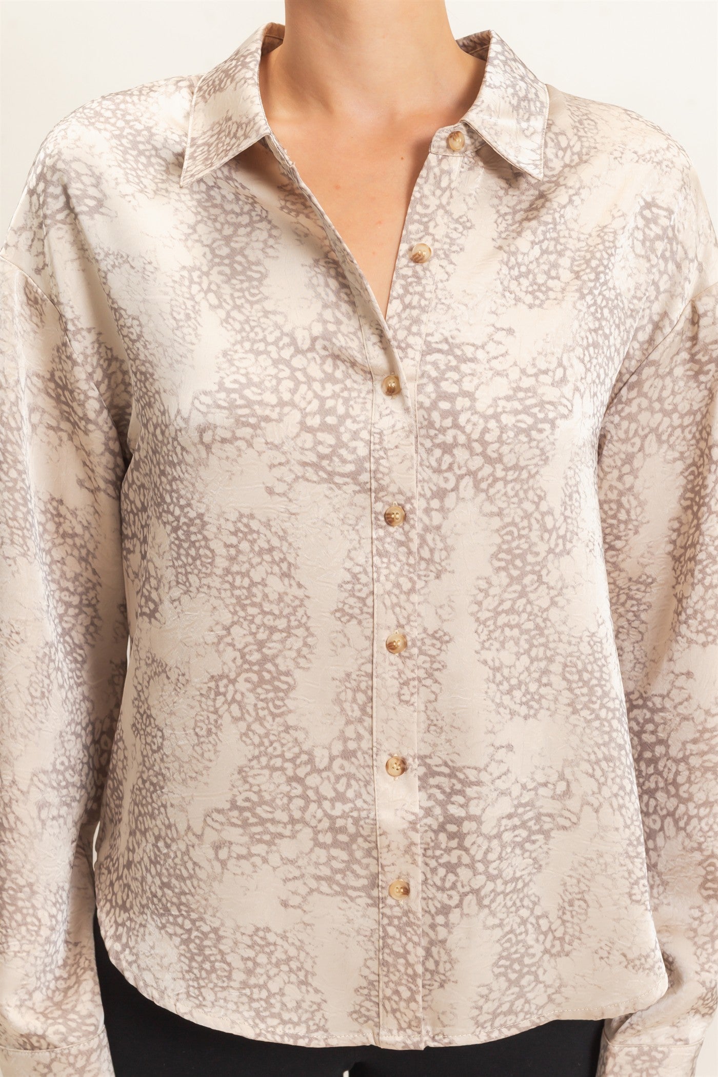 Wholesale Leopard Satin Button-Up Shirt Clothing Tops HF26E159 TAUPE HYFVE