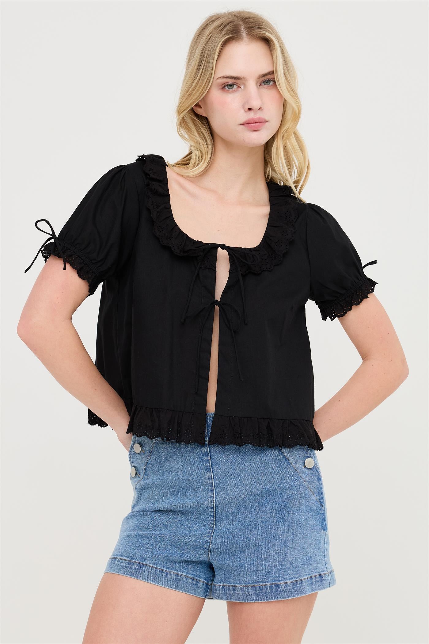 Wholesale Lace Trim Peasant Top Blouses HF26C137 BLACK HYFVE