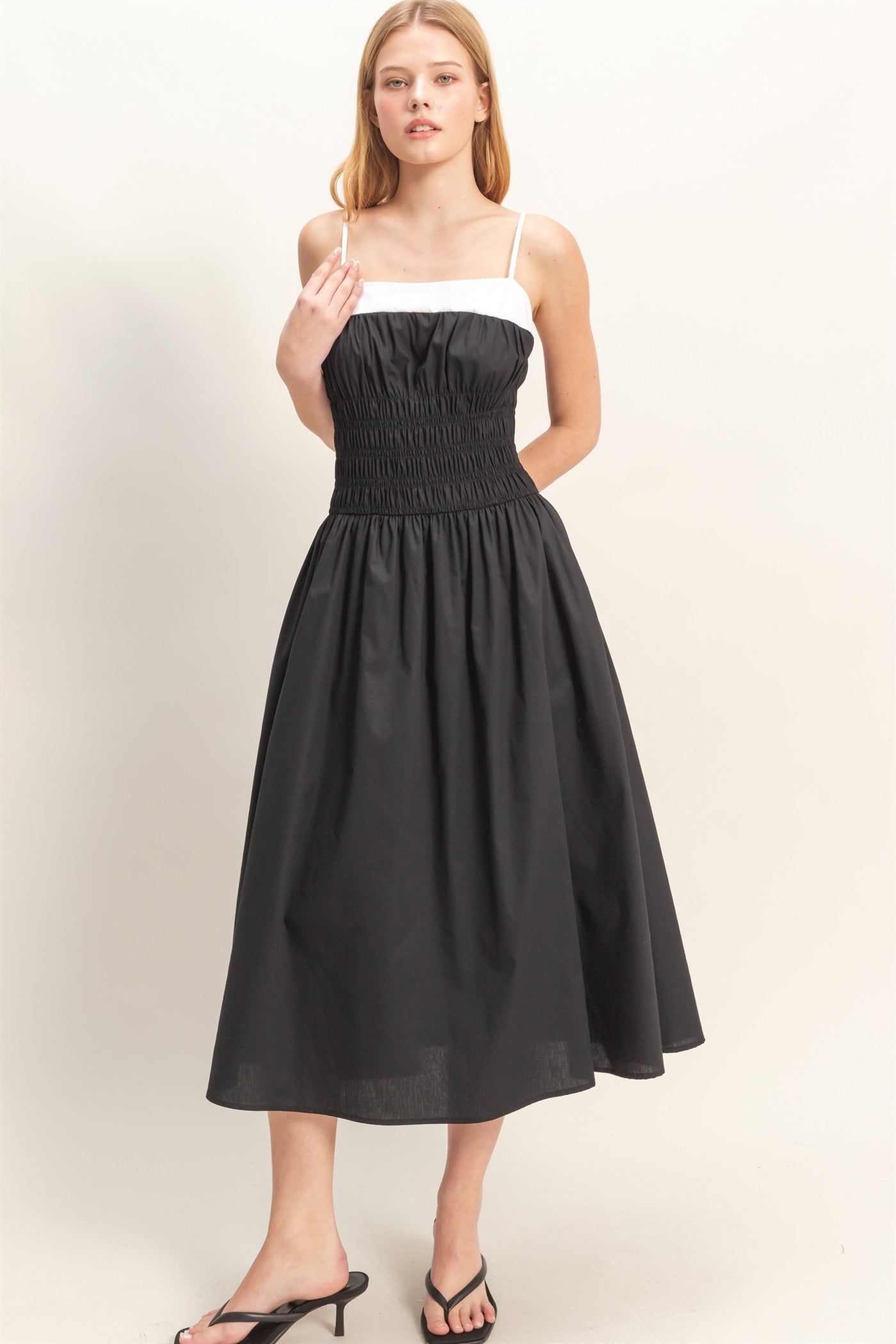 Wholesale Smocked Strapped Midi Dress Dresses HF26A624 BLACK HYFVE