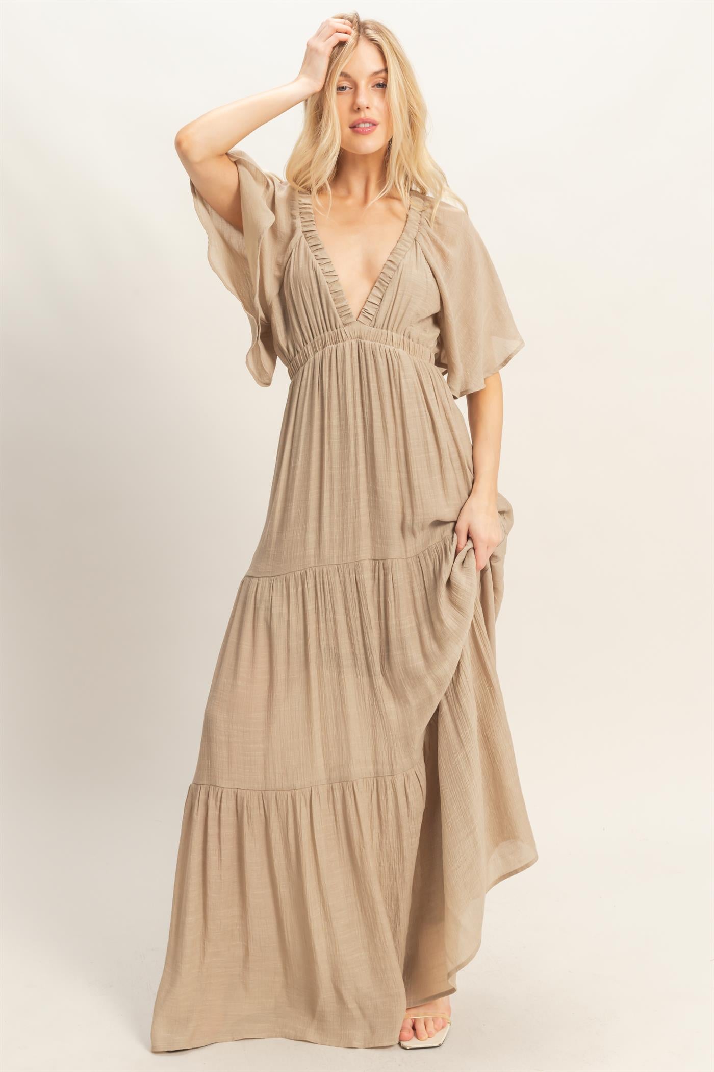 Wholesale Flutter Sleeve Maxi Dress Dresses HF26C285-D TAUPE HYFVE