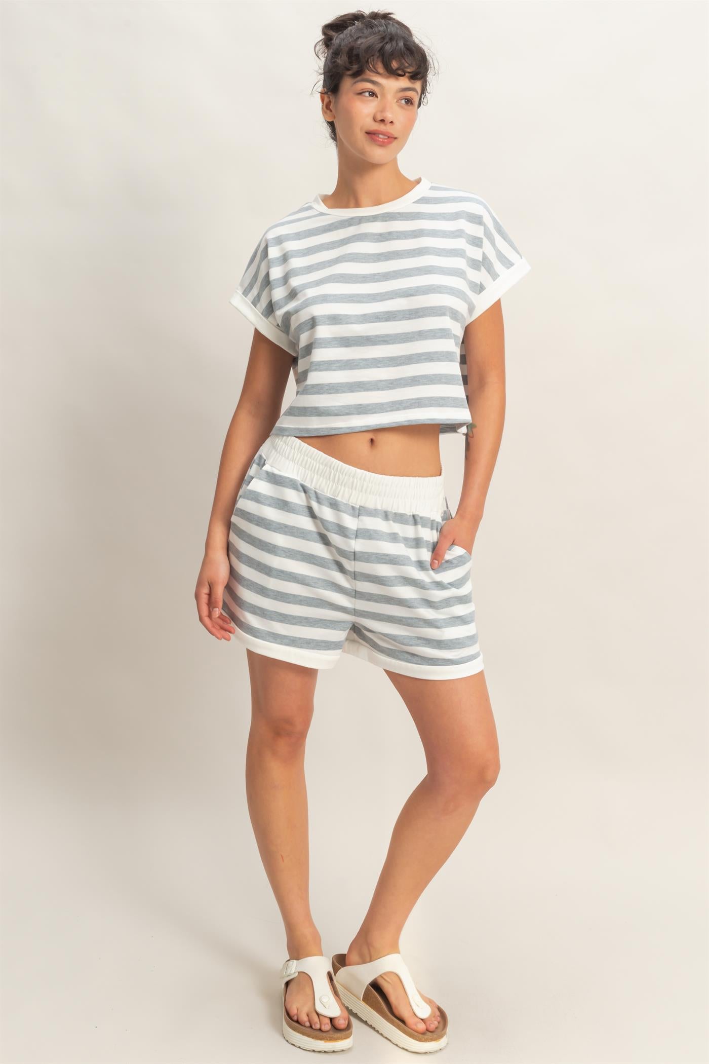 Wholesale Striped Short Sleeve Top & Shorts Set Clothing HF26C064-SET HEATHER GRAY HYFVE