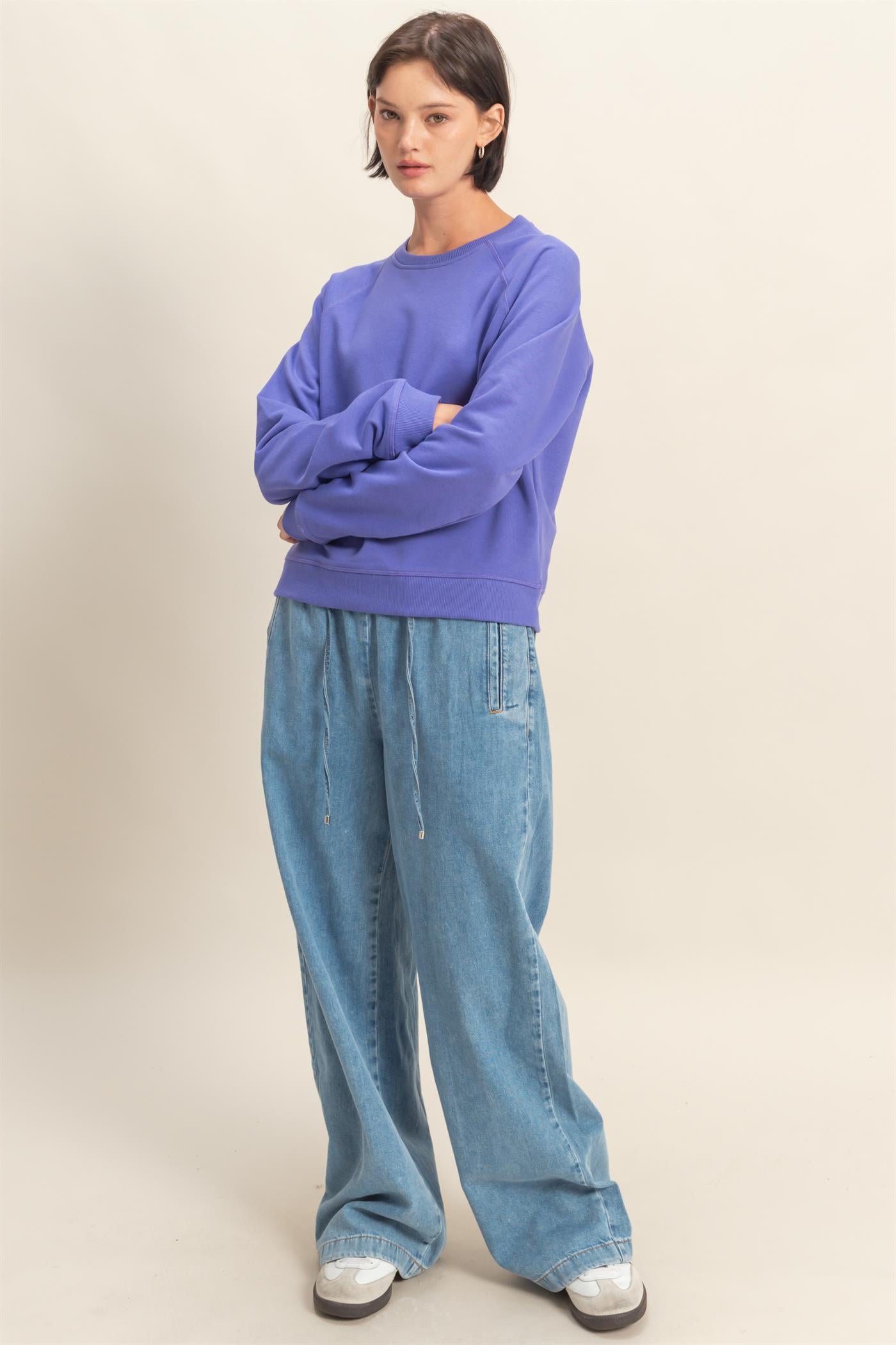 Wholesale Crew Neck Raglan Sleeve Comfy Pullover Sweatshirt Sweatshirts DZ25E237 IRIS PURPLE DOUBLE ZERO