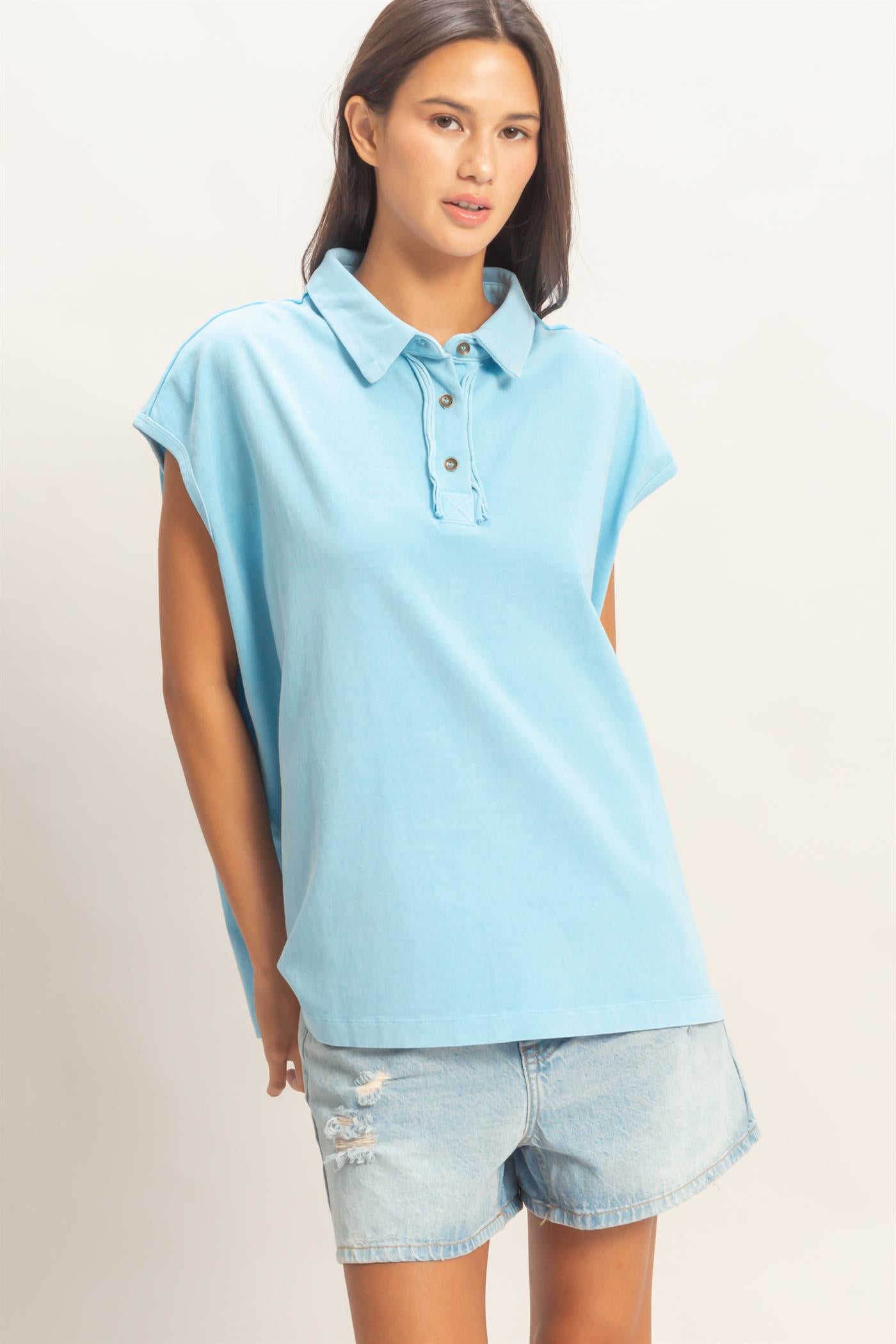Wholesale Pigment Dye Sleeveless Polo Oversized Top Clothing Tops DZ26C618 BLUE DOUBLE ZERO