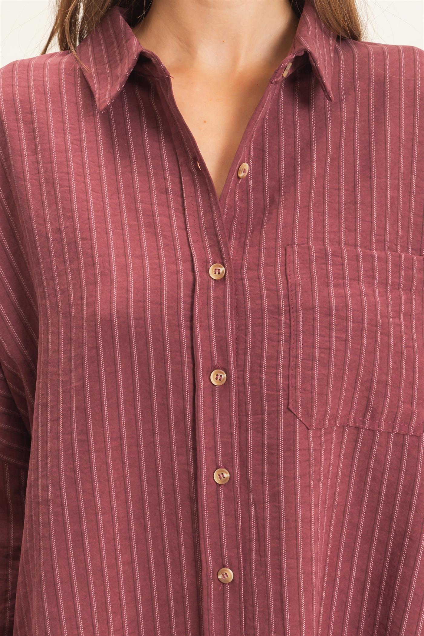 Wholesale Striped Button-Up Shirt Shirts HF26F134 WINE HYFVE