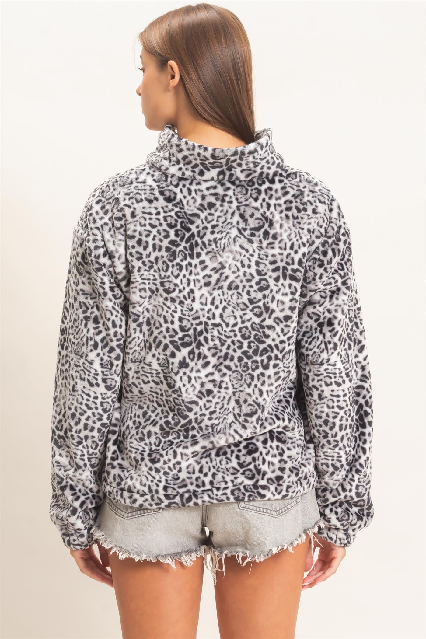 Wholesale Leopard Print Fleece Half Zip Pullover Sweaters DZ26E830 GRAY DOUBLE ZERO