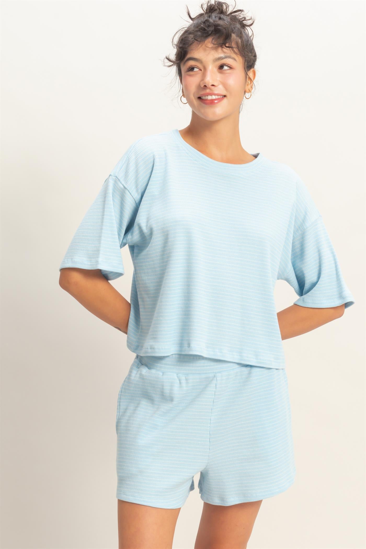 Wholesale Striped Round Neck Top & Shorts Set Clothing DZ26A045-SET BABY BLUE DOUBLE ZERO