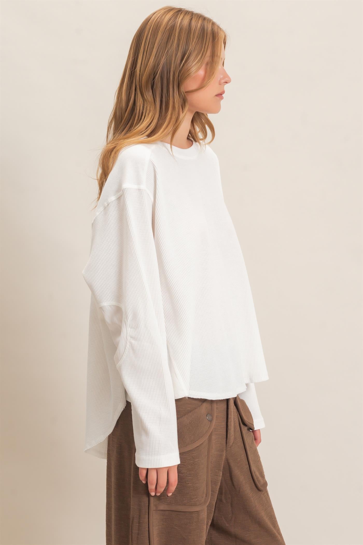 Wholesale Waffle Knit Crew Neck Top Clothing Tops HF26E078 OFF WHITE HYFVE