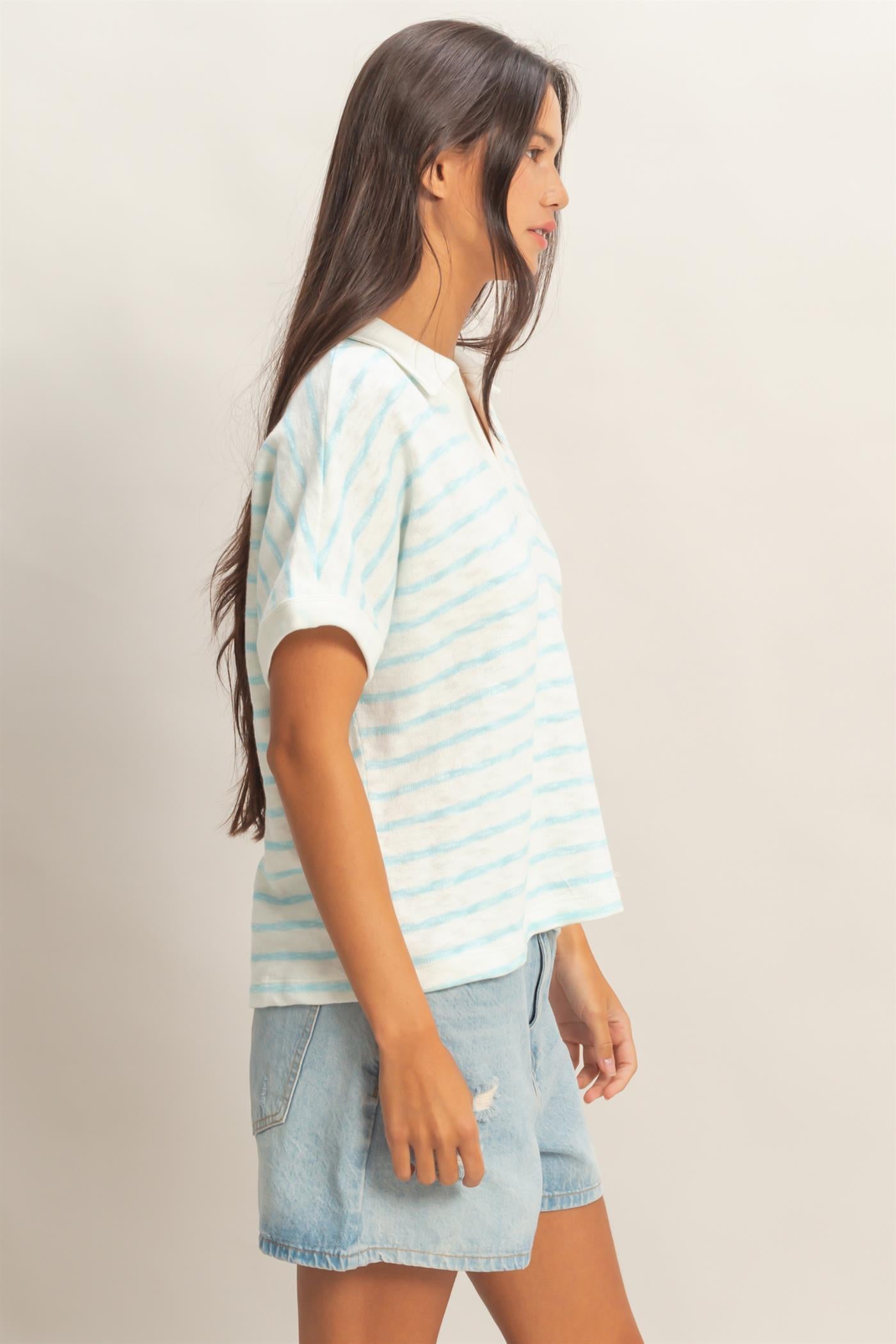 Wholesale Striped Dolman Sleeve V-Neck Collared Top Clothing Tops DZ26A452 BLUE DOUBLE ZERO