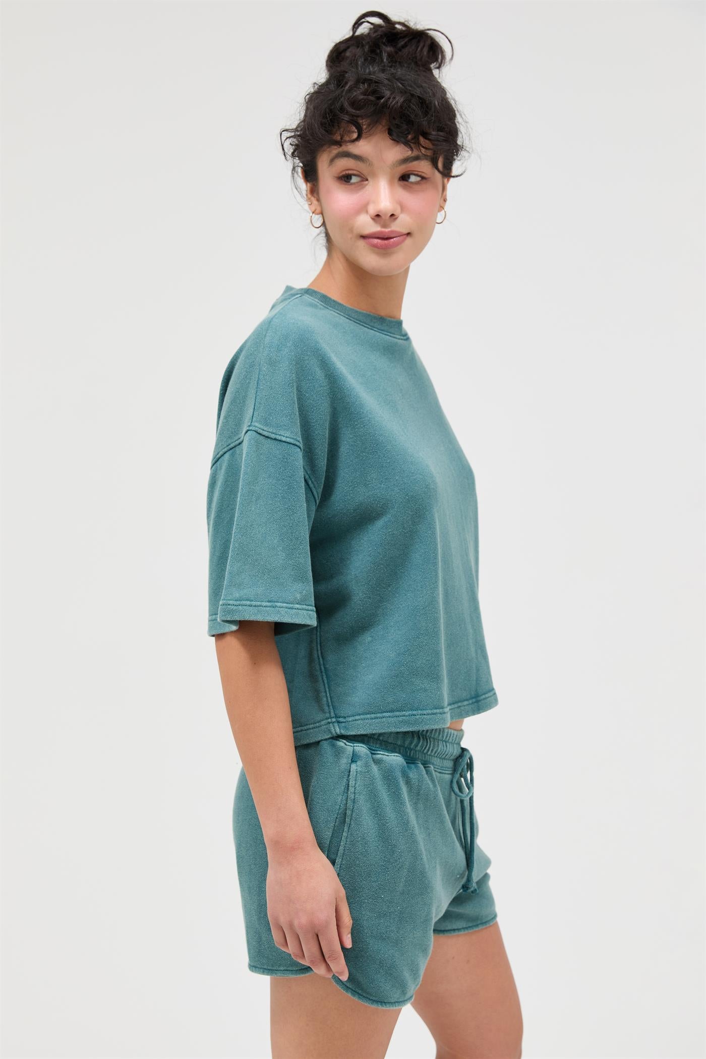 Wholesale Acid Wash Boxy Crew Neck Top T-Shirts DZ26C093 DARK TEAL DOUBLE ZERO