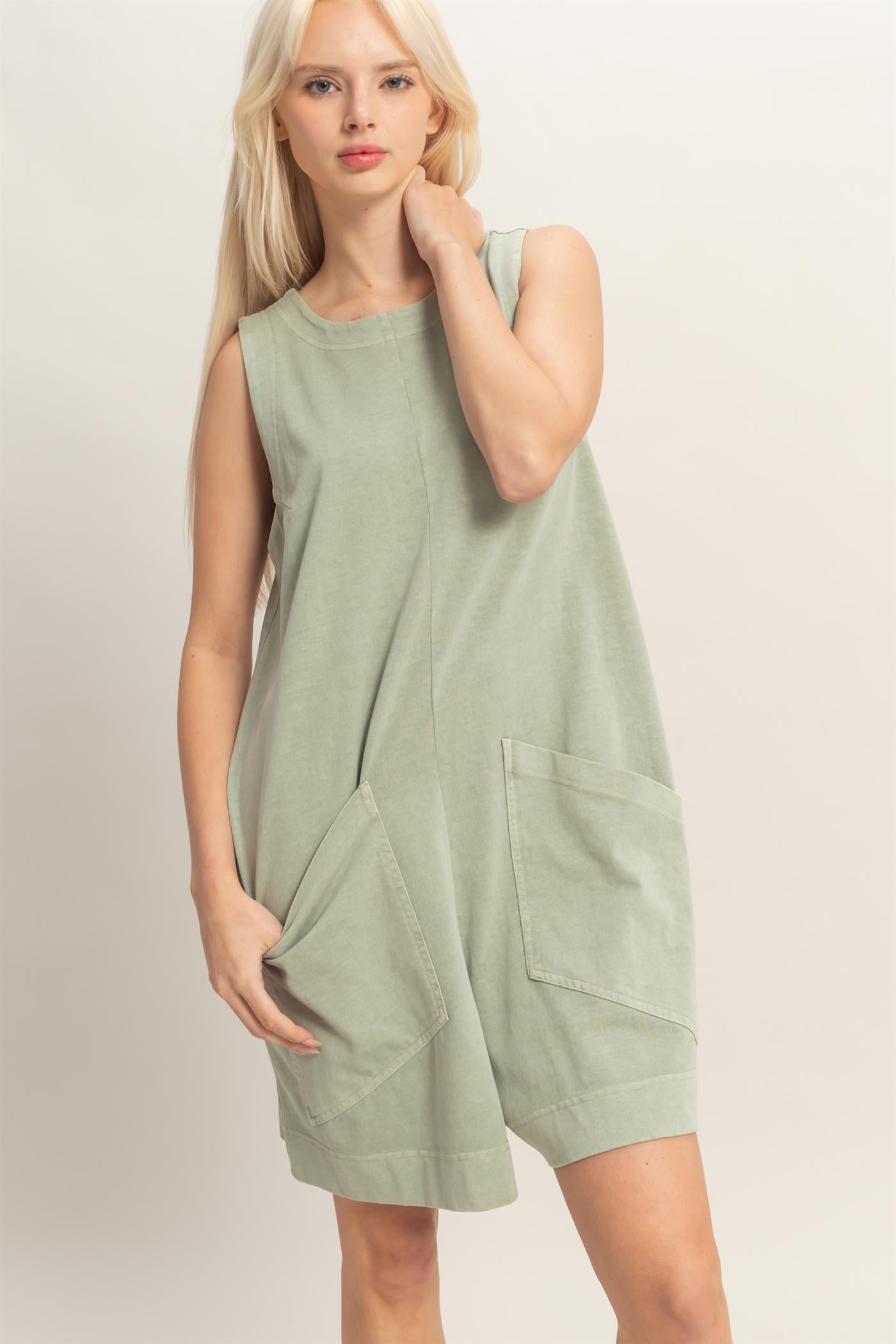 Wholesale Pocket Detail Sleeveless Romper Clothing DZ26A327 SAGE GREEN DOUBLE ZERO