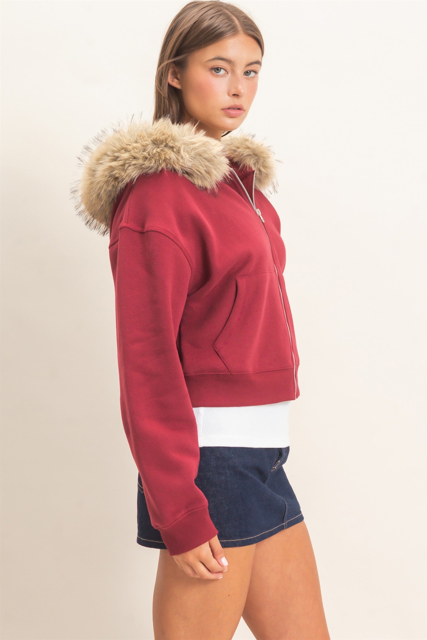 Wholesale Detachable Fur Zip Up Hoodie Hoodies DZ26F396 BURGUNDY DOUBLE ZERO