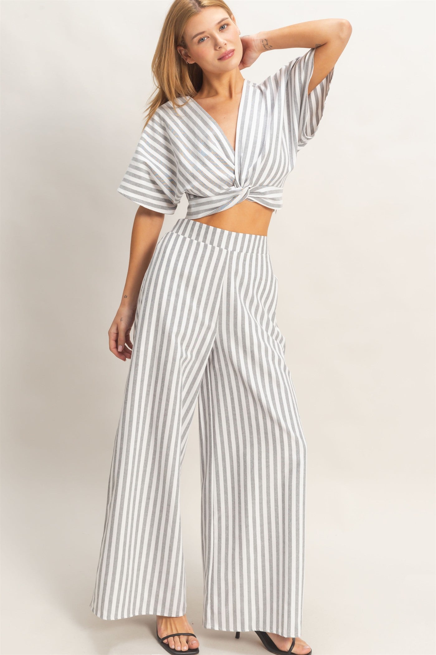 Wholesale Striped Twist Front Top & Pants Clothing HF26A692-SET BLACK DOUBLE ZERO