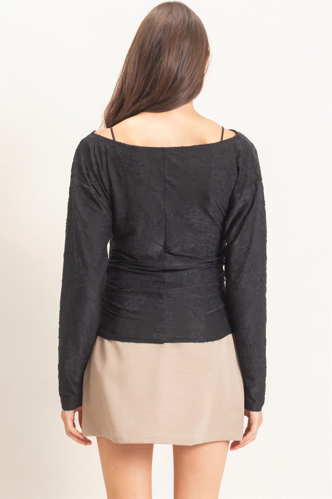 Wholesale Sheer Lace Boat Neck Top Blouses HF26E761 BLACK HYFVE