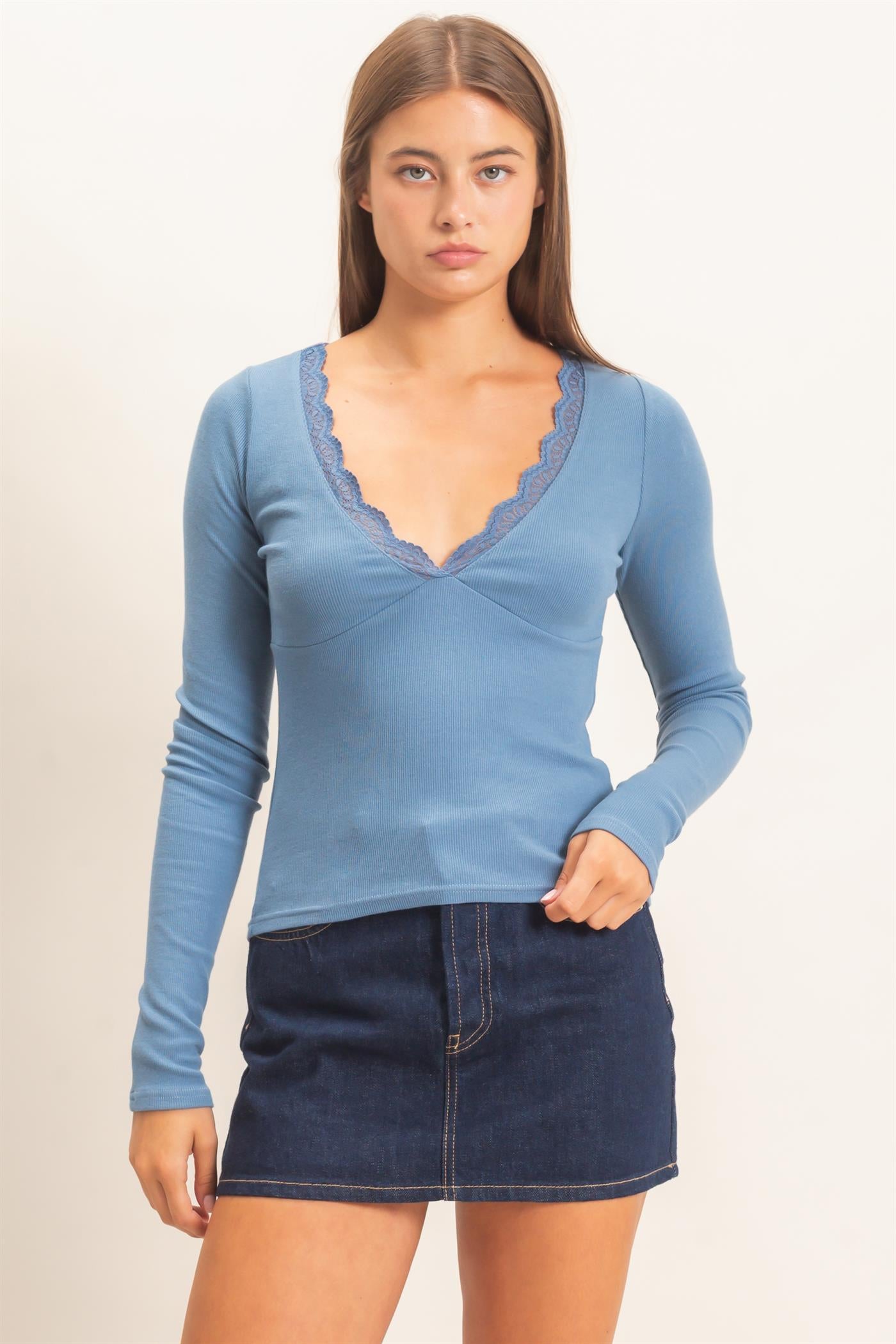 Wholesale Lace Trim V-Neck Top Clothing Tops DZ26E913 DUSTY BLUE DOUBLE ZERO