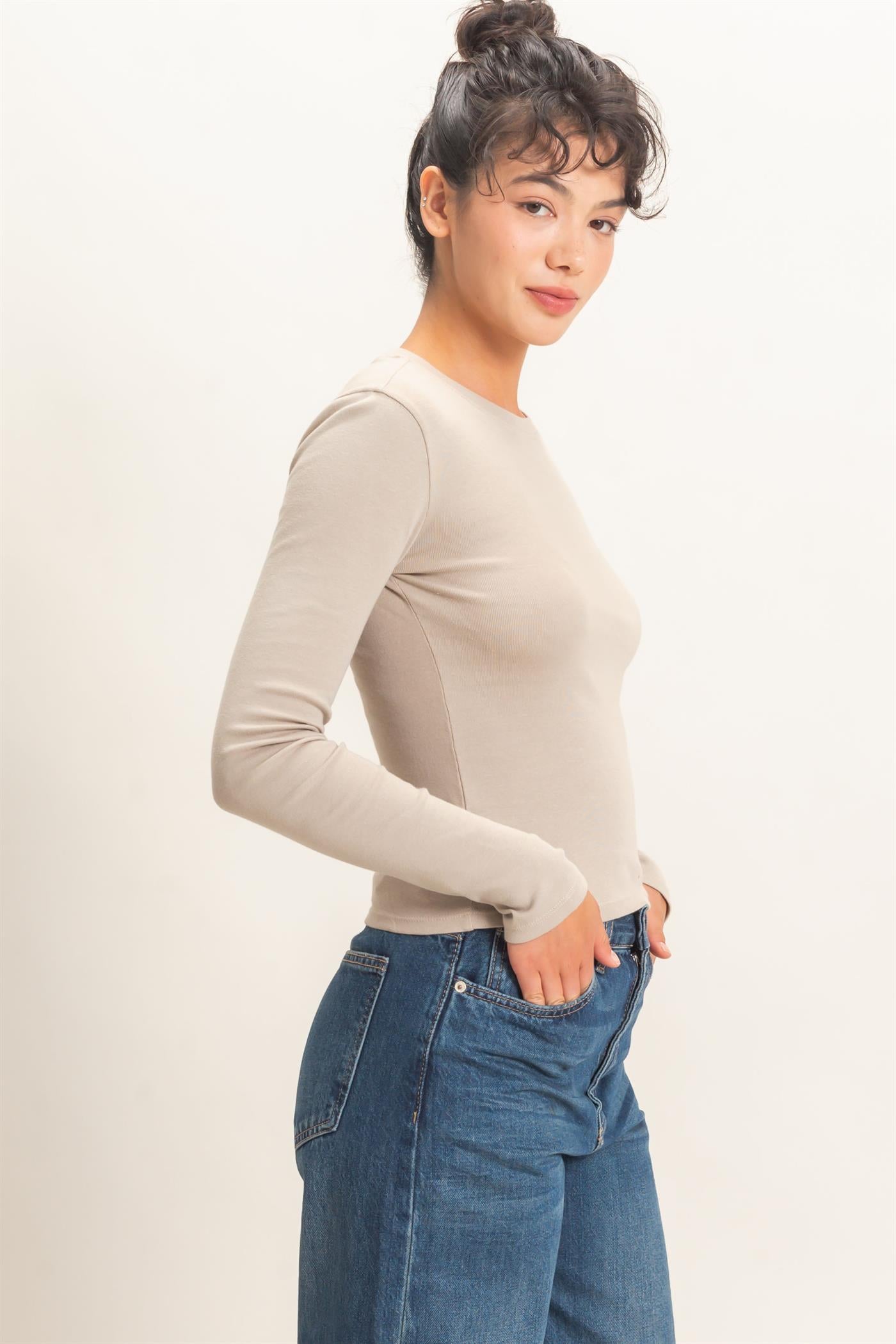 Wholesale Crew Neck Long Sleeve Top Clothing Tops DZ26E184 WARM GRAY DOUBLE ZERO