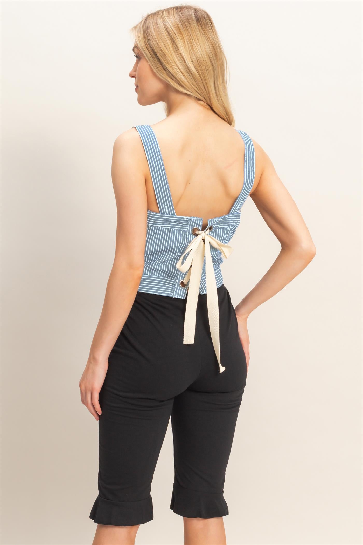 Wholesale Square Neck Denim Tank Top with Back Tie Detail Tank Tops HF26A065 L.DENIM HYFVE
