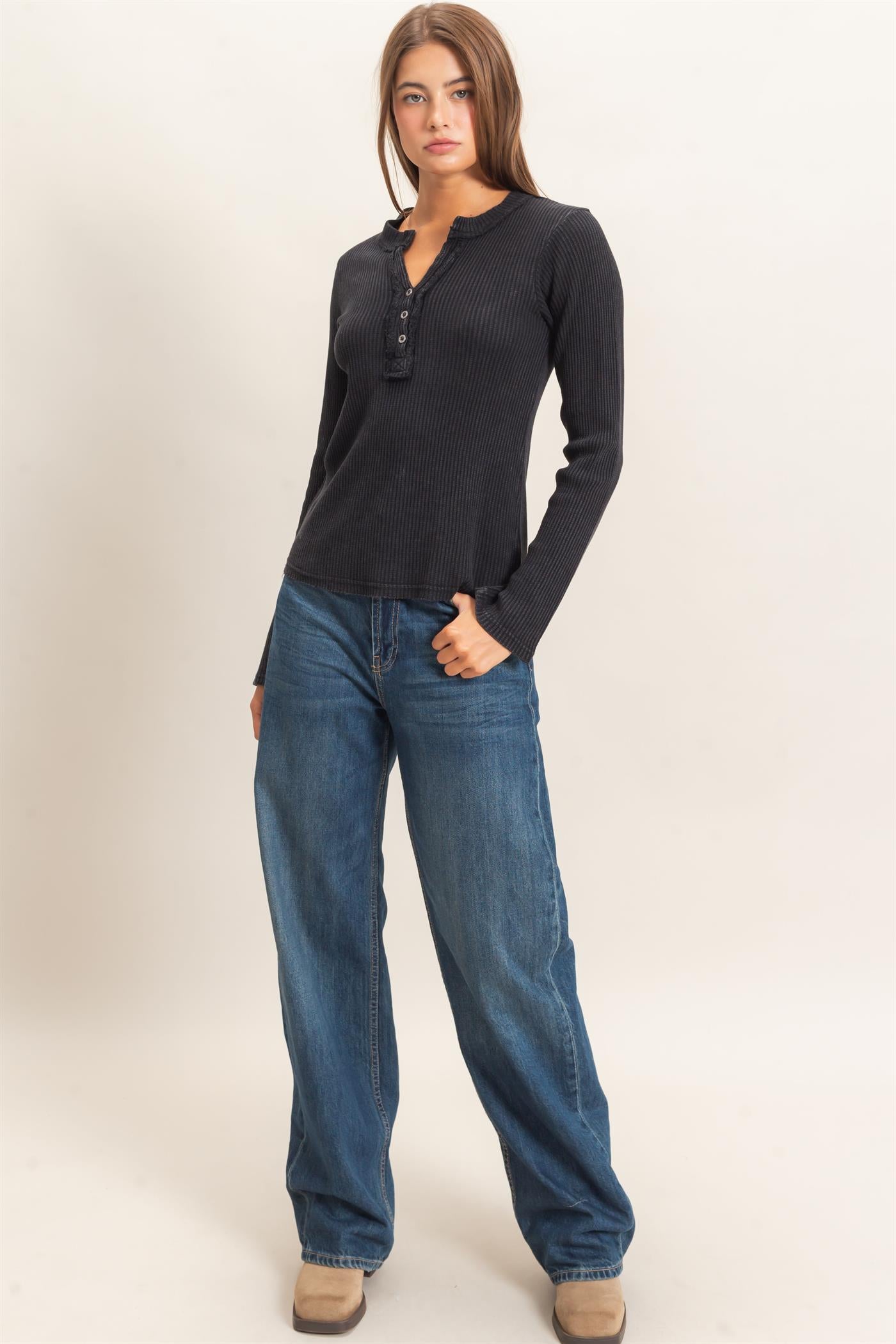 Wholesale Mineral Wash Waffle Henley Long Sleeve Top Clothing Tops DZ26E243 BLACK DOUBLE ZERO