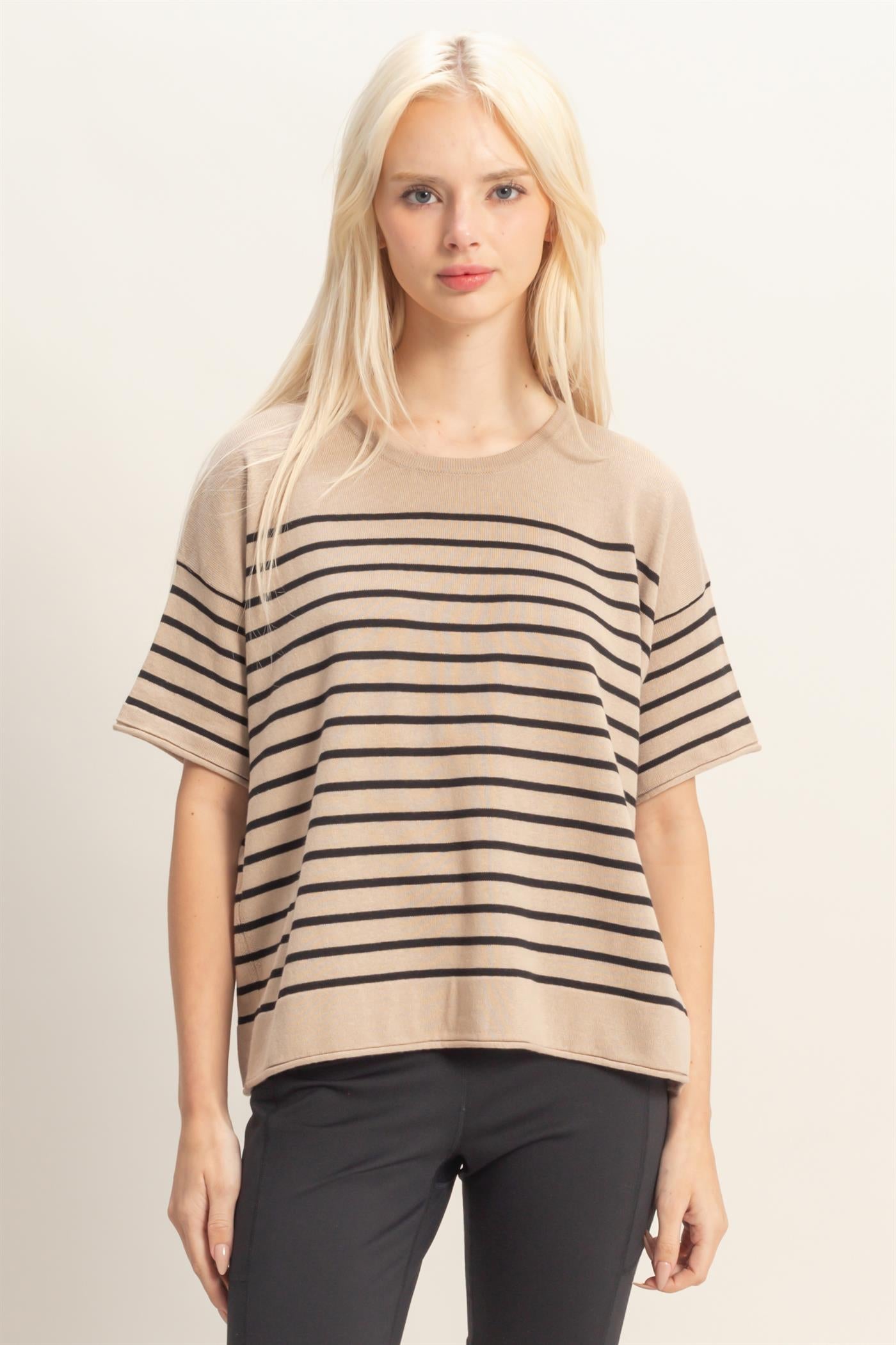 Wholesale Striped Short Sleeve Knit Top Clothing Tops DZ26A838 DARK TAUPE DOUBLE ZERO
