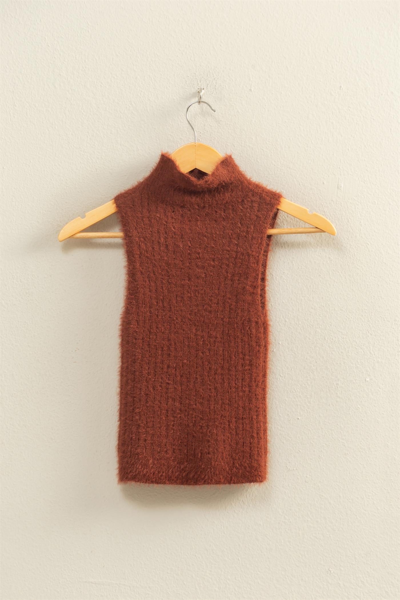 Wholesale Ribbed Sleeveless High Neck Knit Top Clothing Tops DZ25F113 CHESTNUT HYFVE