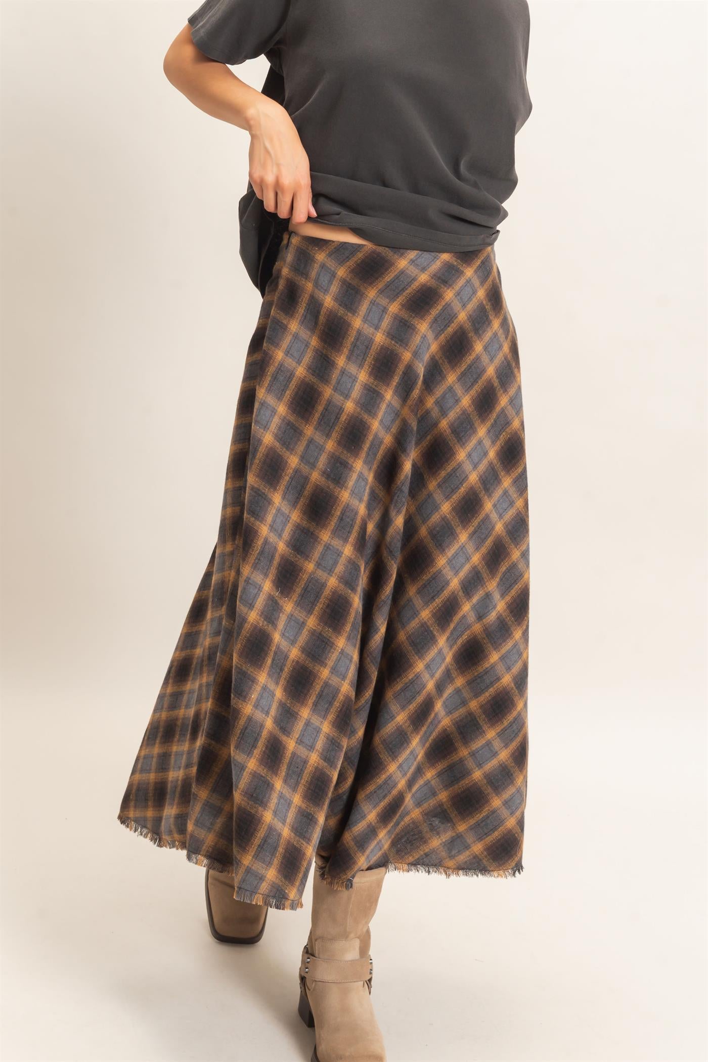 Wholesale A-Line Plaid Frayed Hem Skirt Skirts HF26E972 MUSTARD HYFVE