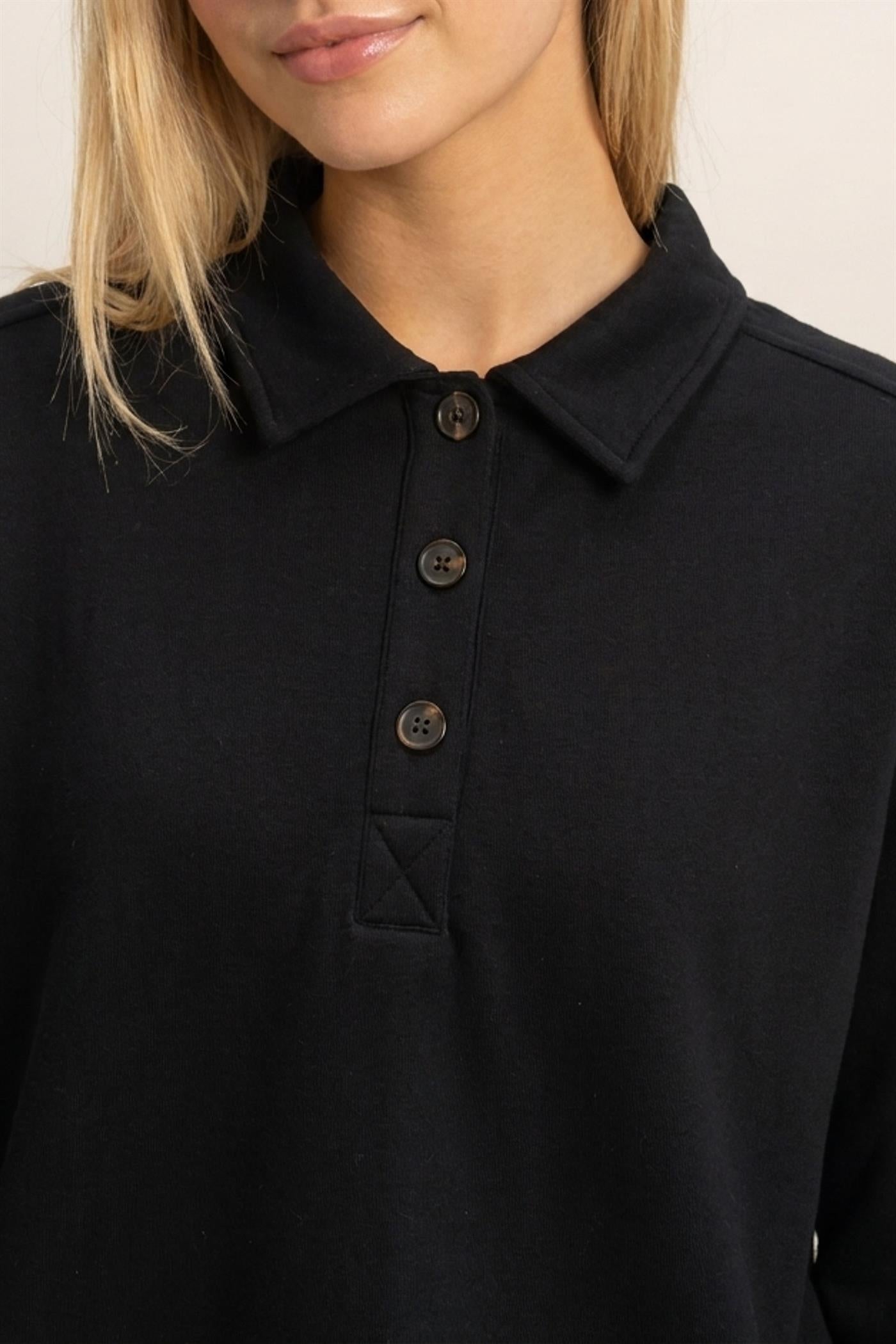 Wholesale Washed Button-Front Collared Sweatshirt Sweatshirts DZ26E390 BLACK DOUBLE ZERO