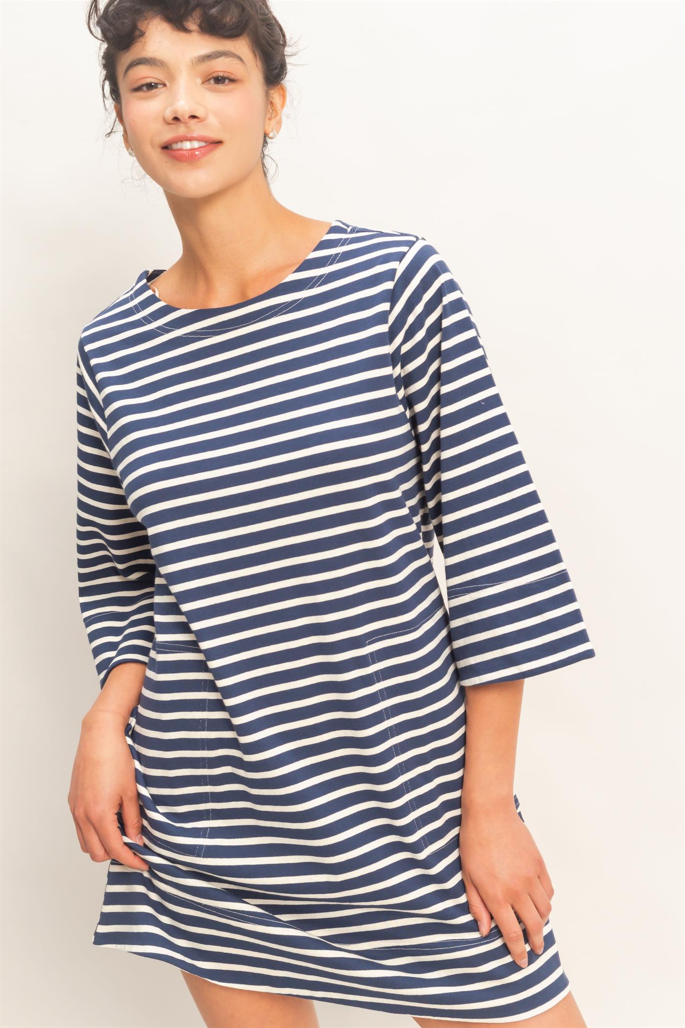 Wholesale Striped Round Neck Half-Sleeve Mini Dress Dresses DZ26A460 NAVY DOUBLE ZERO