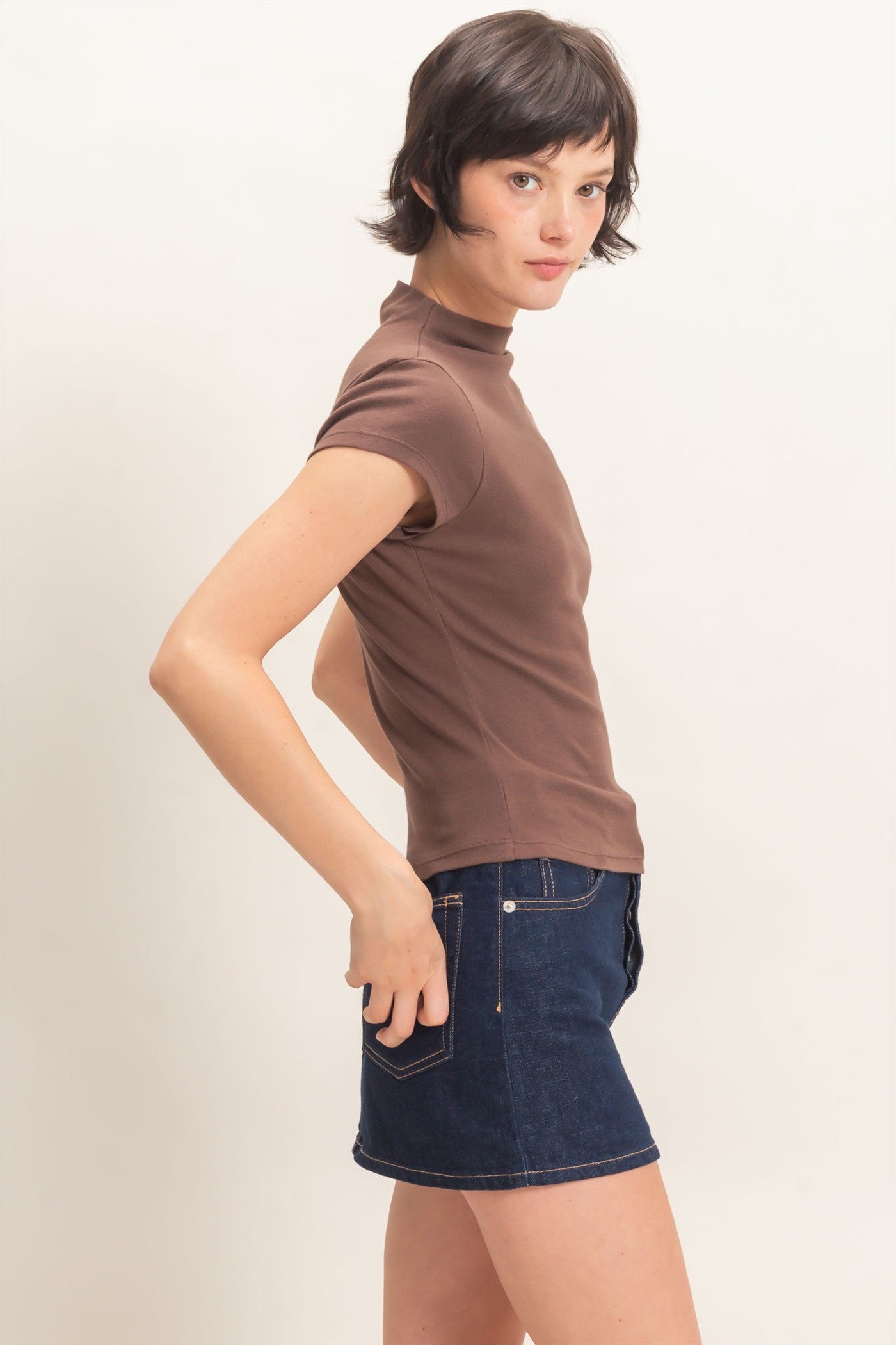 Wholesale Mock Neck Cap Sleeve Top Clothing Tops DZ26E323 DARK BROWN DOUBLE ZERO
