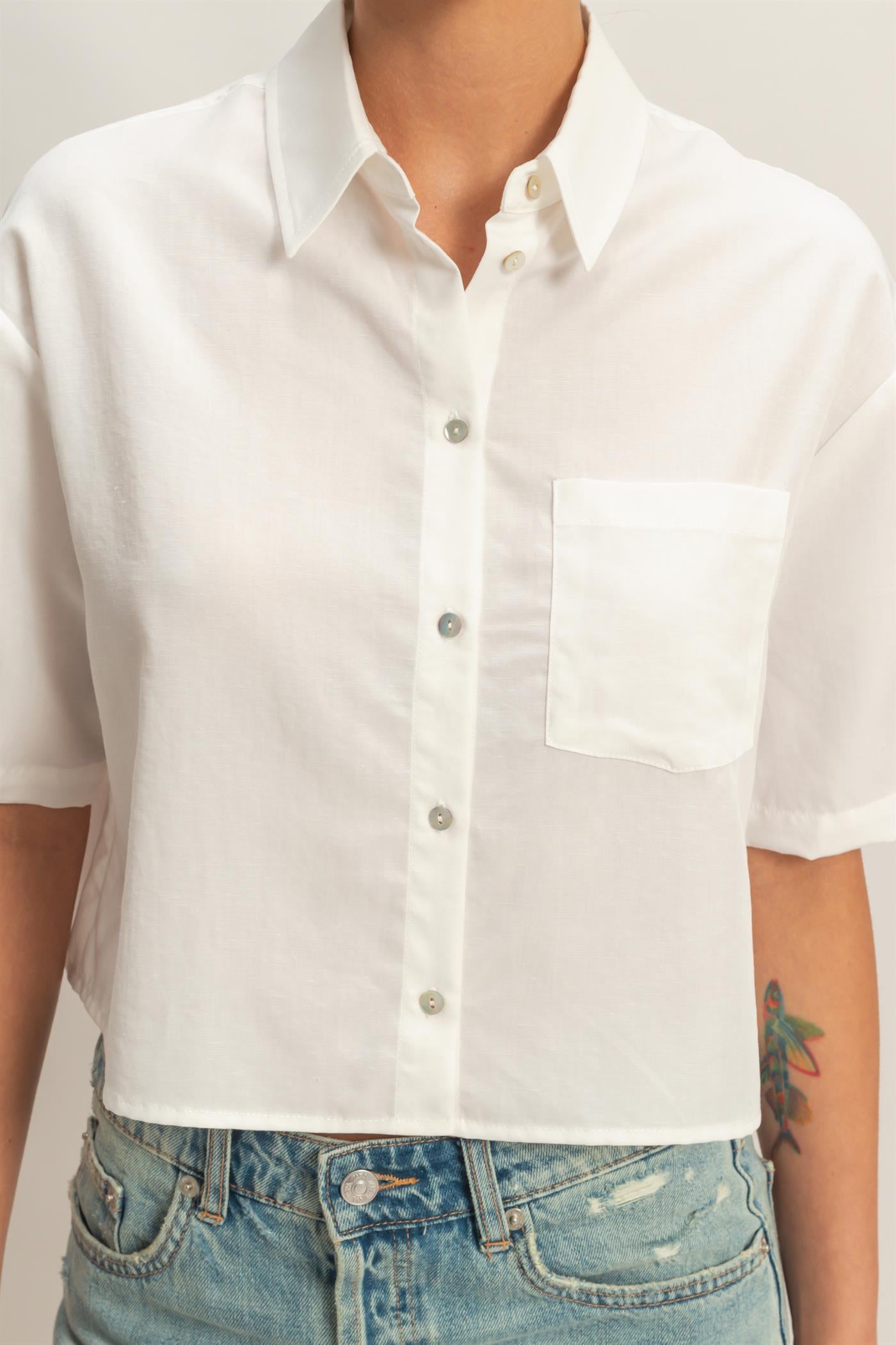 Wholesale Linen Blend Cropped Button-Up Shirt With Pocket Clothing Tops DZ26A583 WHITE DOUBLE ZERO