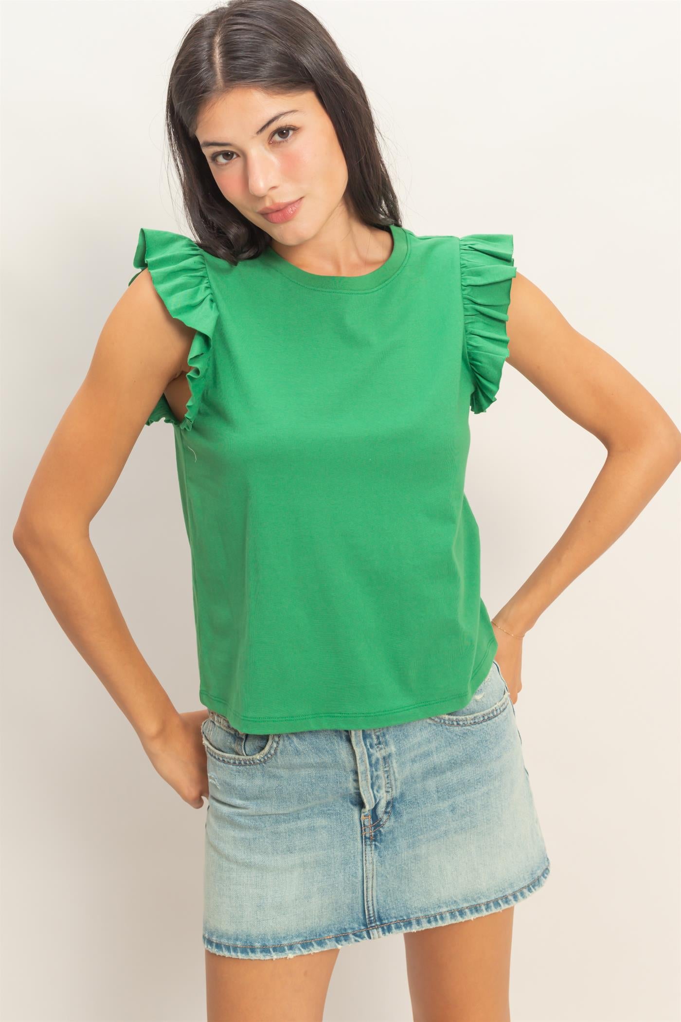 Wholesale Ruffle Cap Sleeve Crew Neck Top Clothing Tops DZ26C070 GREEN DOUBLE ZERO