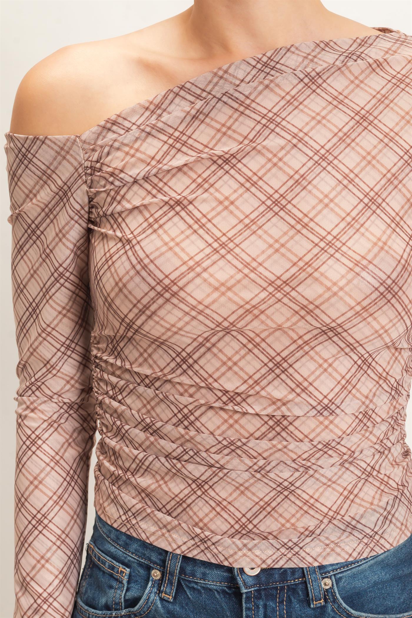 Wholesale Asymmetrical Plaid Off Shoulder Top Dresses HF26E710 BEIGE HYFVE
