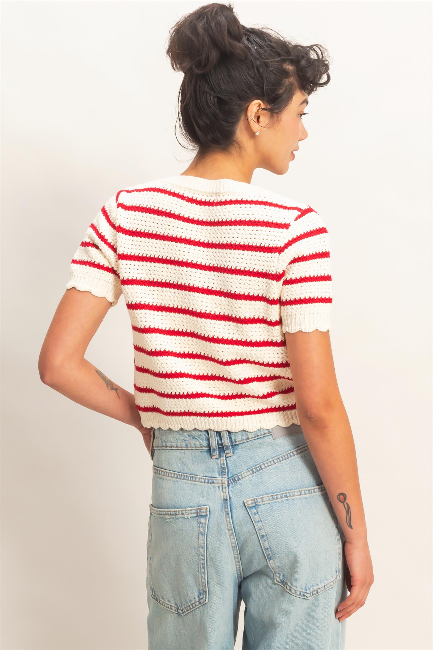 Wholesale Striped Short Sleeve Cardigan With Scallop Edge Cardigans DZ26A605 RED DOUBLE ZERO