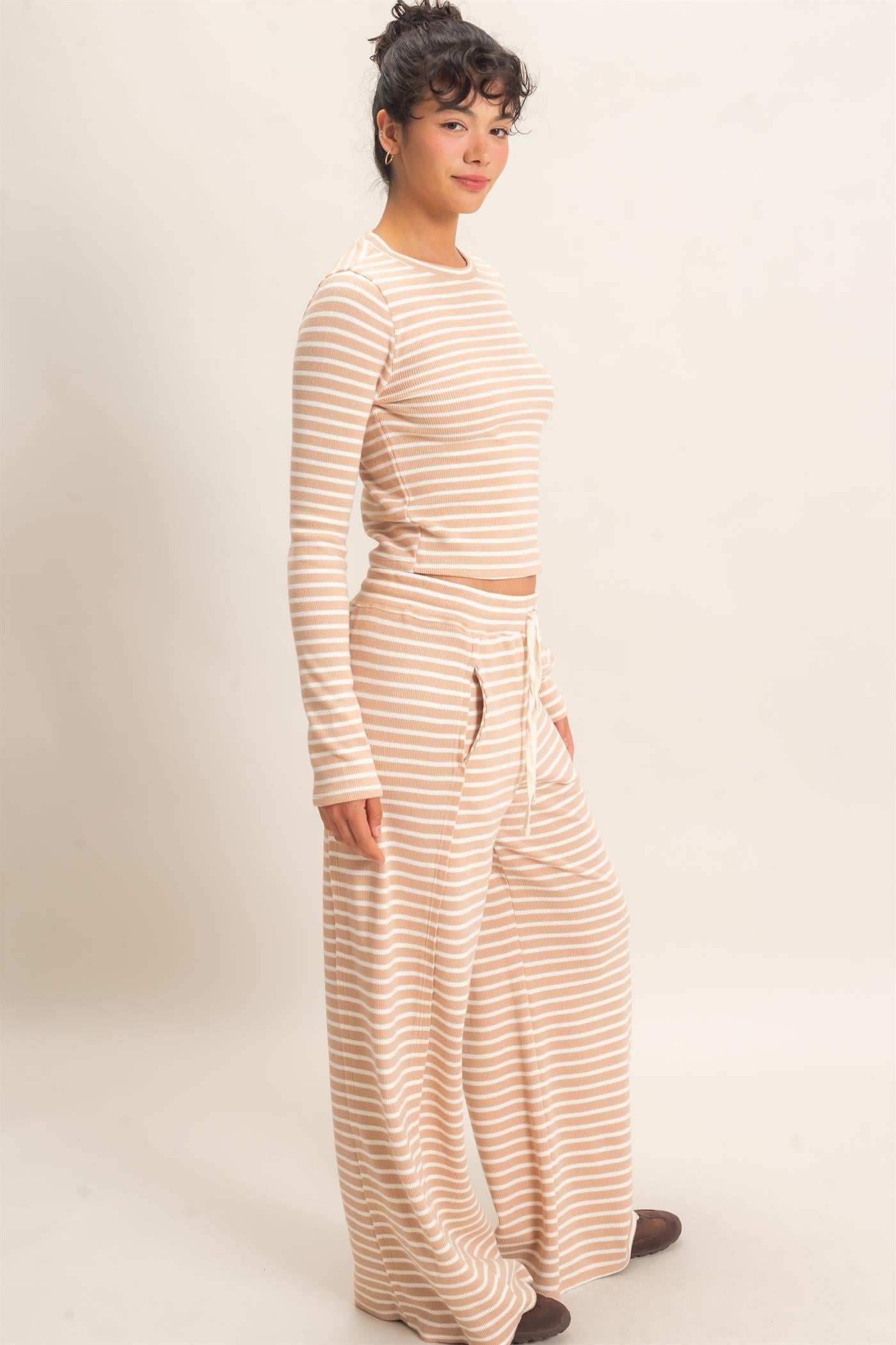 Wholesale Striped Waffle Long Sleeve Top & Pants Set Clothing DZ25F479-SET SAND DOUBLE ZERO