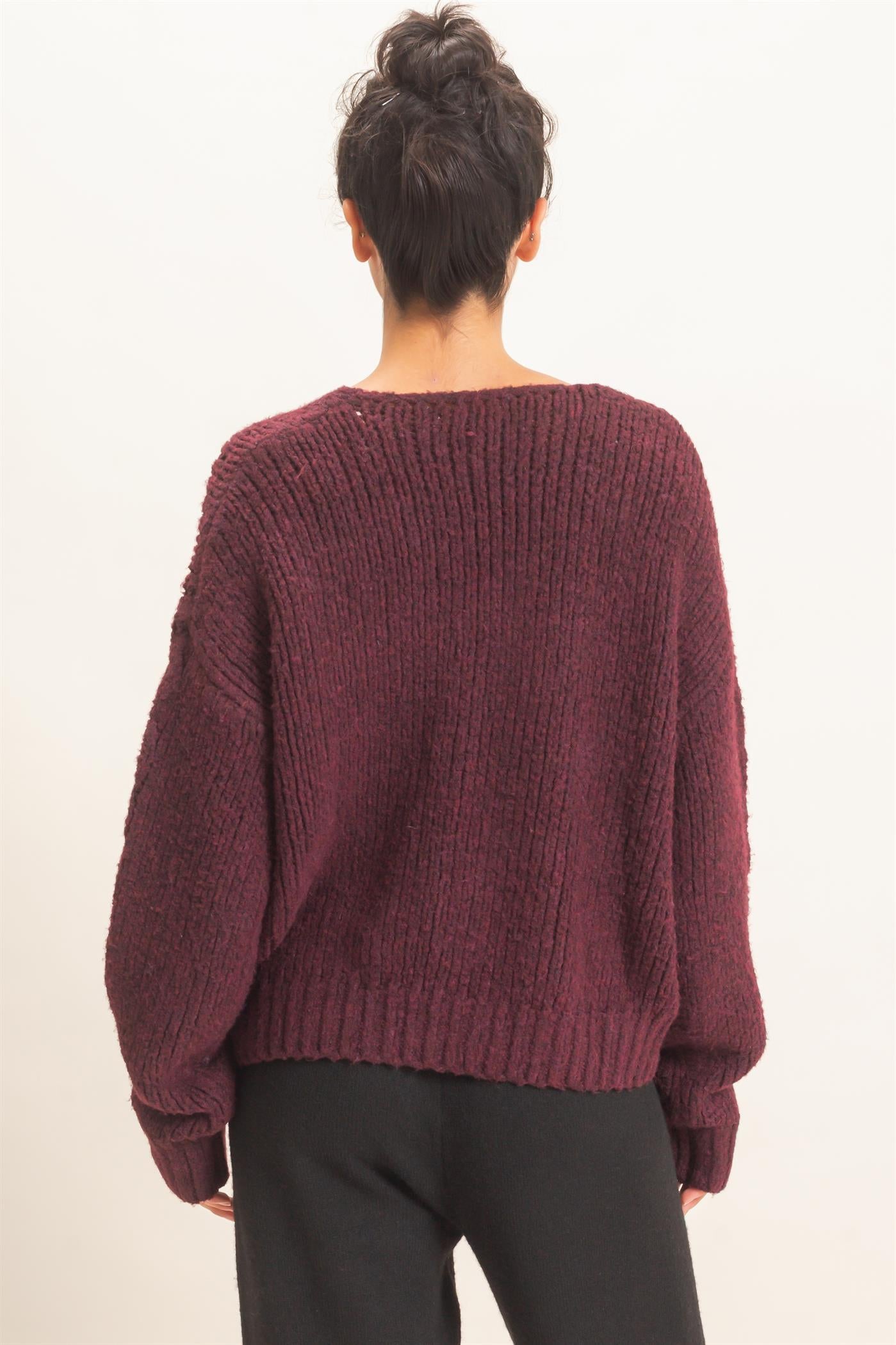 Wholesale Cable Knit V-Neck Sweater Sweaters DZ26E107 DARK CHERRY DOUBLE ZERO