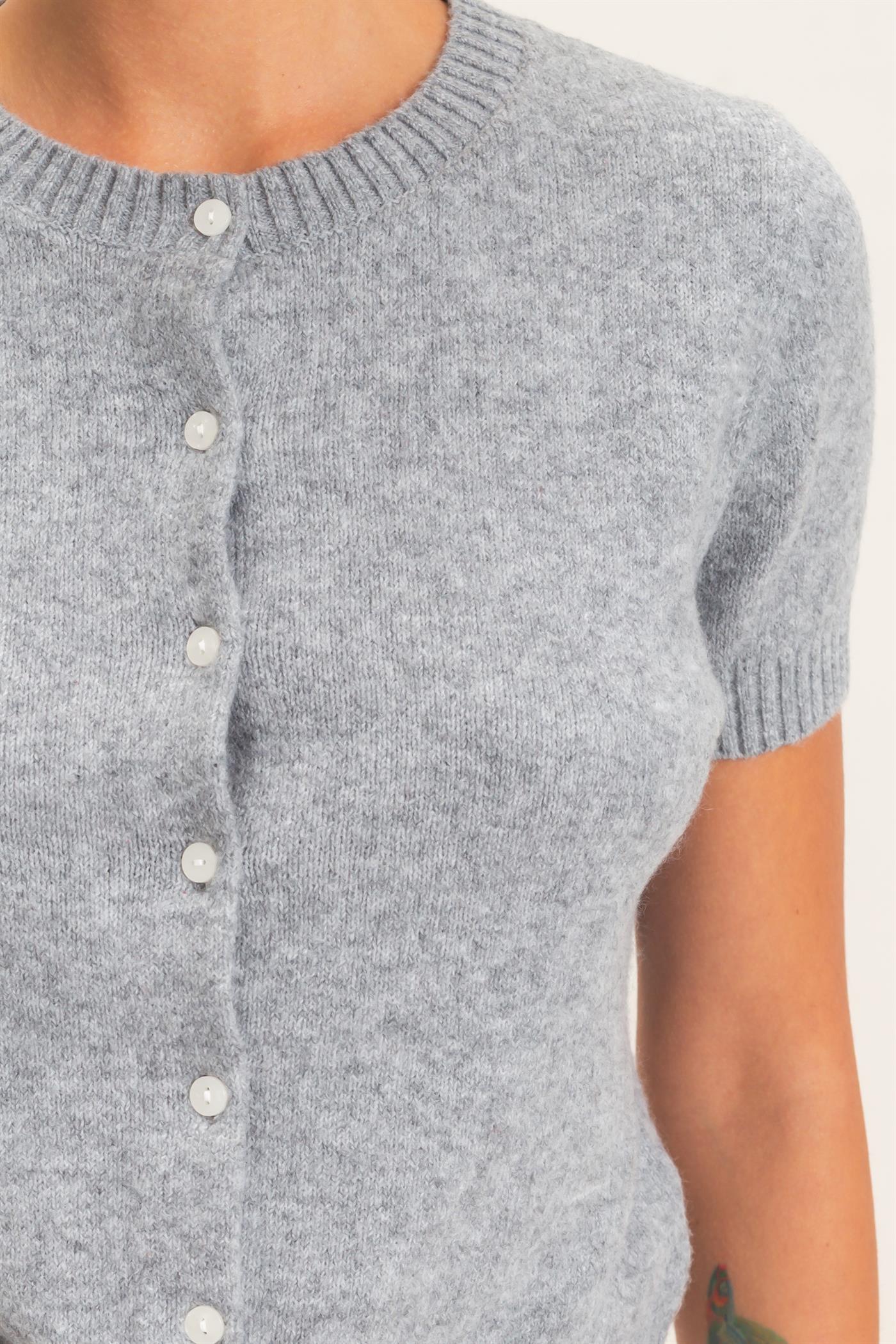 Wholesale Crew Neck Short Sleeve Cardigan Cardigans DZ26E108 HEATHER GRAY DOUBLE ZERO