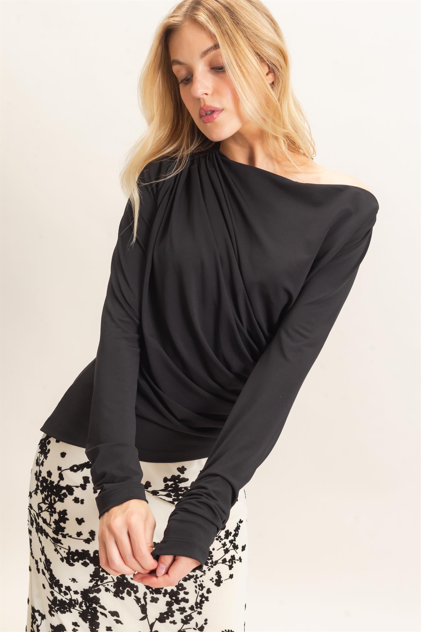 Wholesale Asymmetrical Ruched Long Sleeve Top Clothing Tops HF26C683 BLACK HYFVE