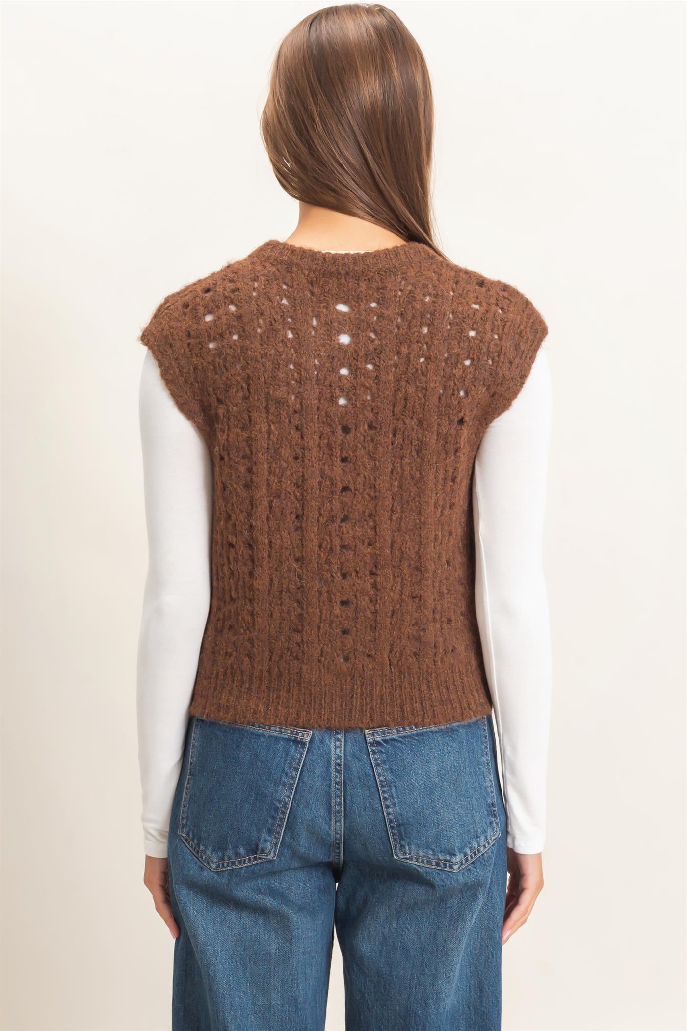 Wholesale Open Knit Sleeveless Button Front Sweater Vest Sweaters DZ26A829 BROWN DOUBLE ZERO