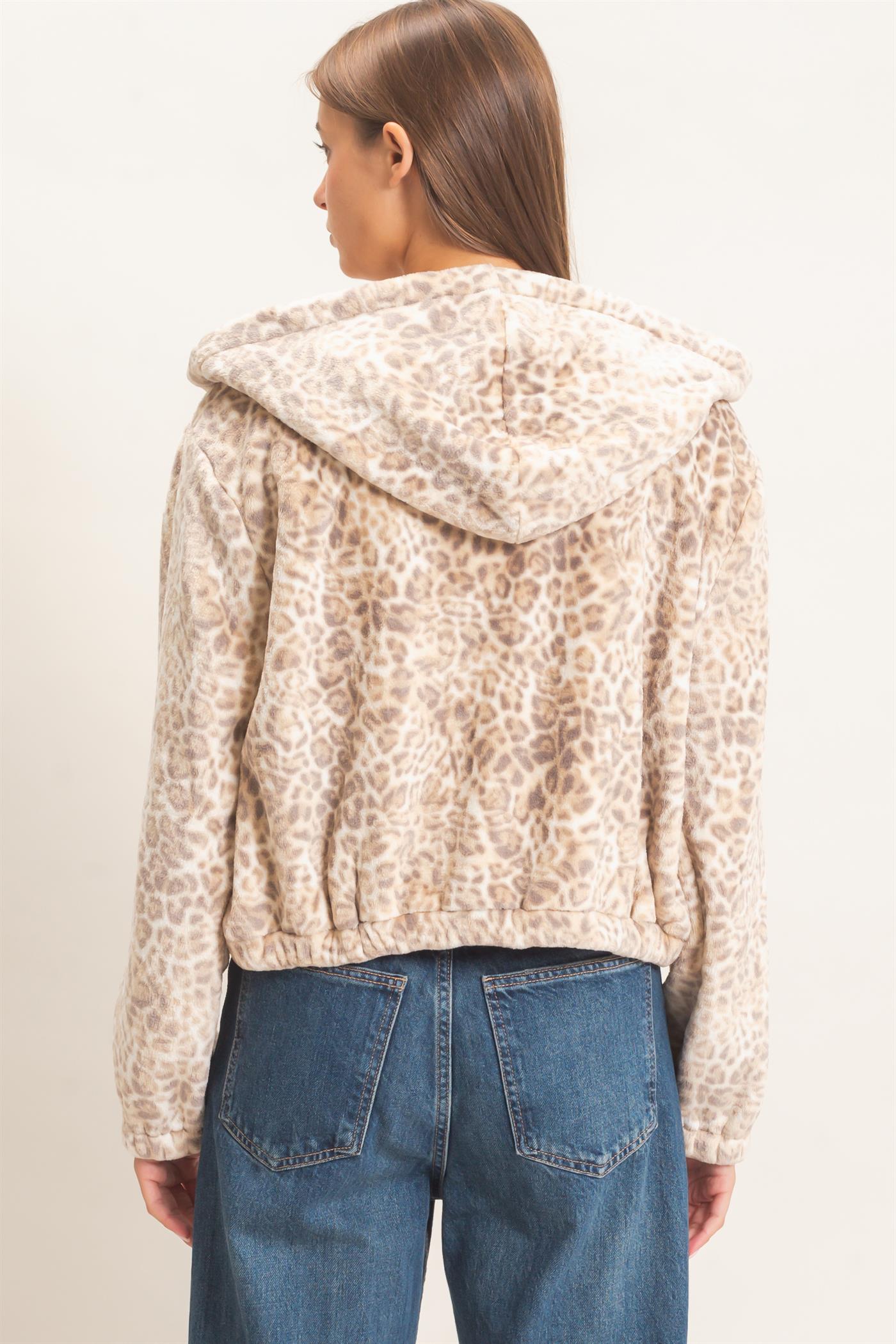 Wholesale Leopard Fleece Zip-Up Hoodie Hoodies DZ26E831 BEIGE DOUBLE ZERO