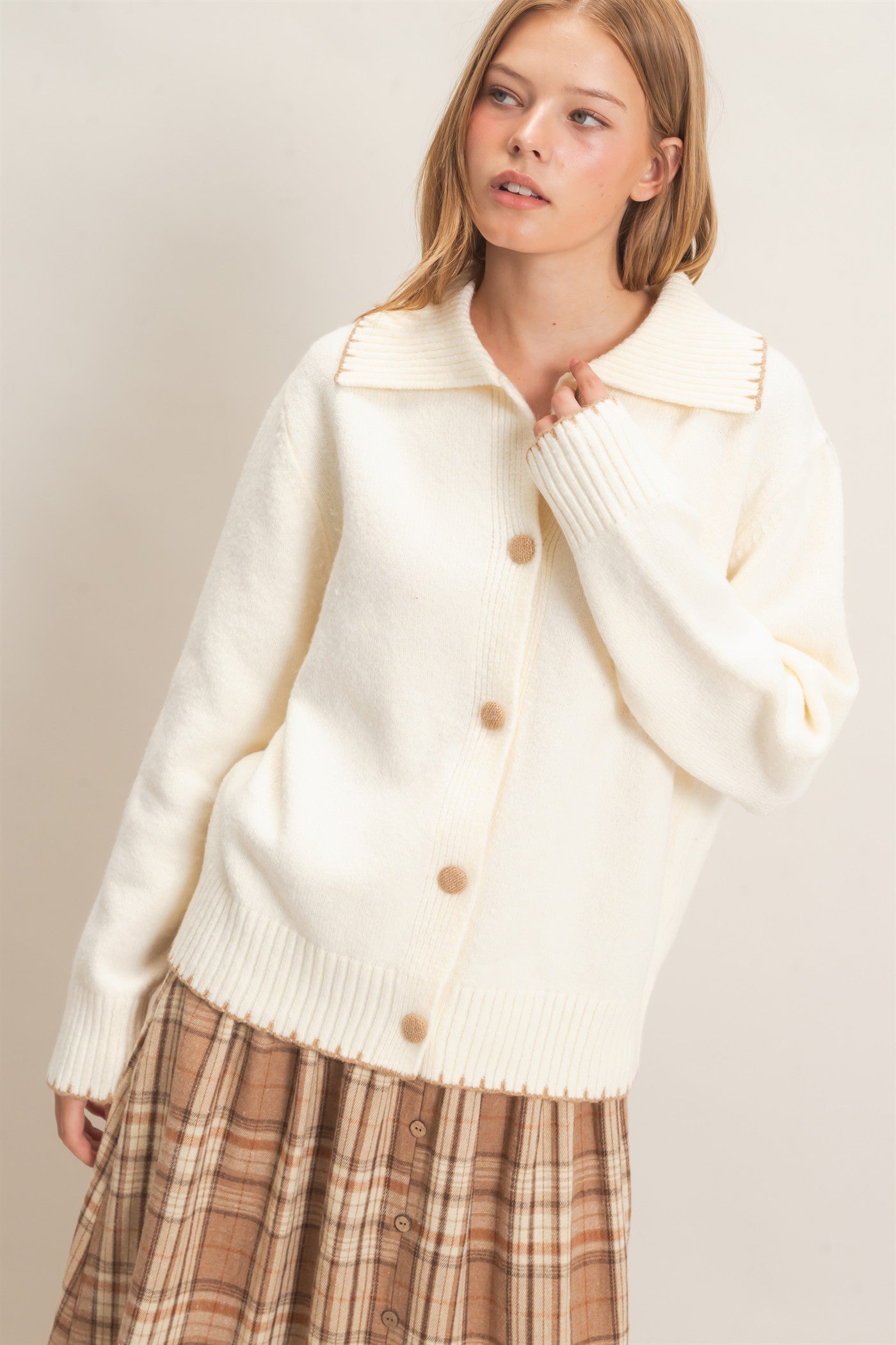 Wholesale Blanket Stitch Collared Cardigan Cardigans HF26F356 IVORY HYFVE
