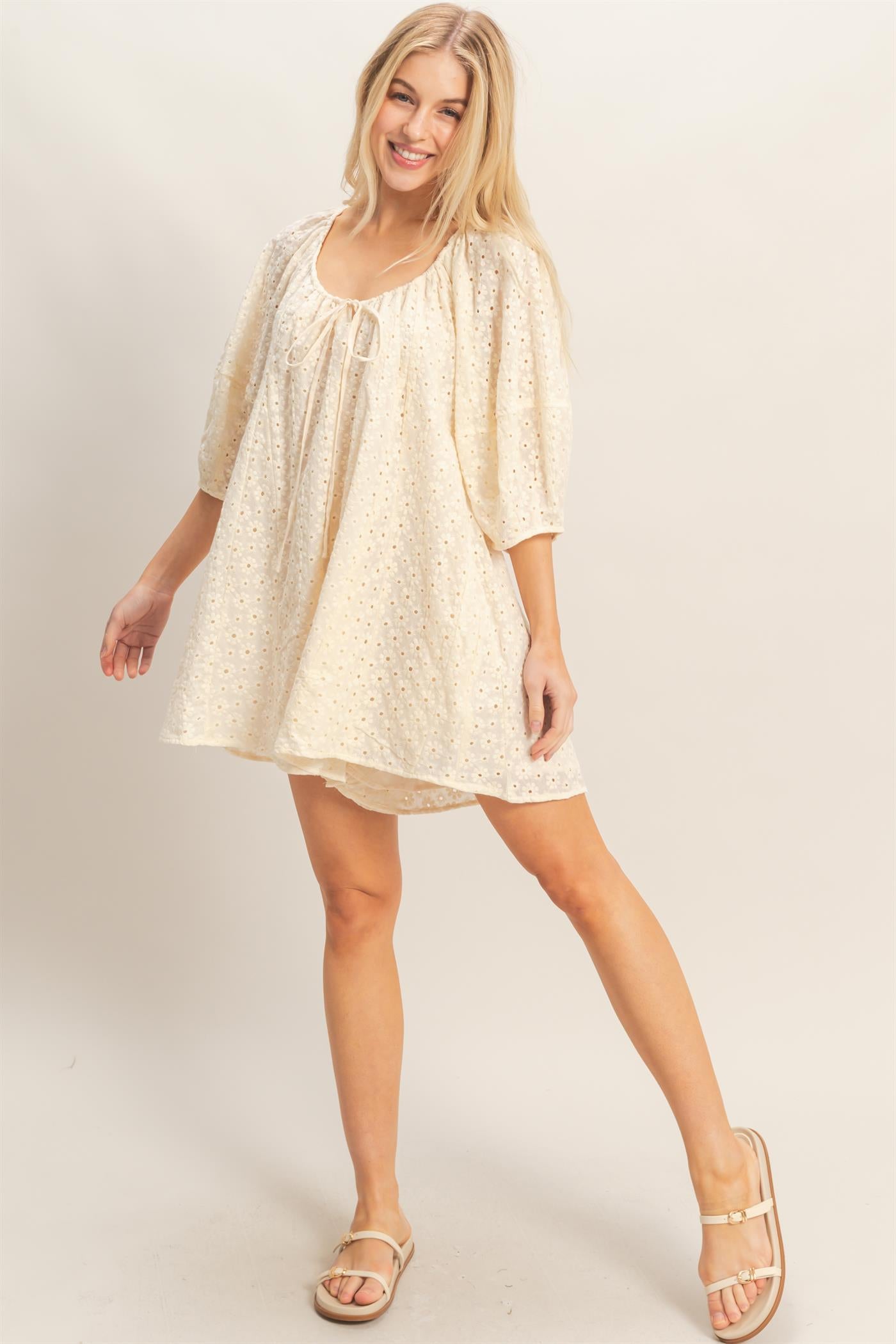 Wholesale Eyelet Babydoll Romper Clothing HF26A181 CREAM HYFVE