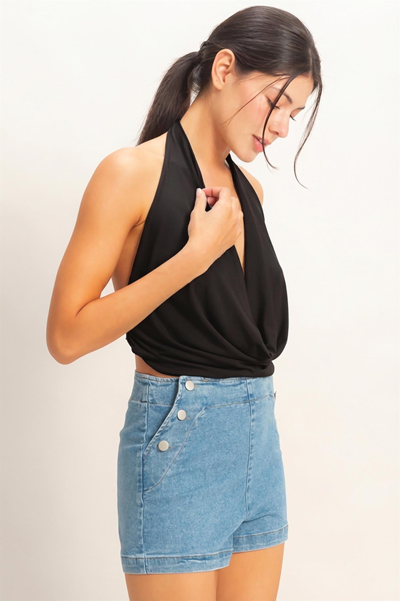 Wholesale Draped Halter Neck Top Clothing Tops HF26E353 BLACK HYFVE