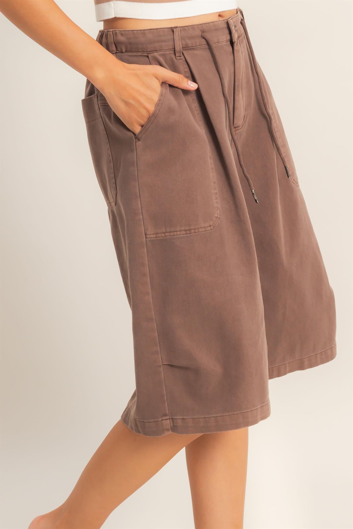 Wholesale Drawstring Waist Wide Leg Jorts Shorts DZ26F283 CHOCOLATE DOUBLE ZERO