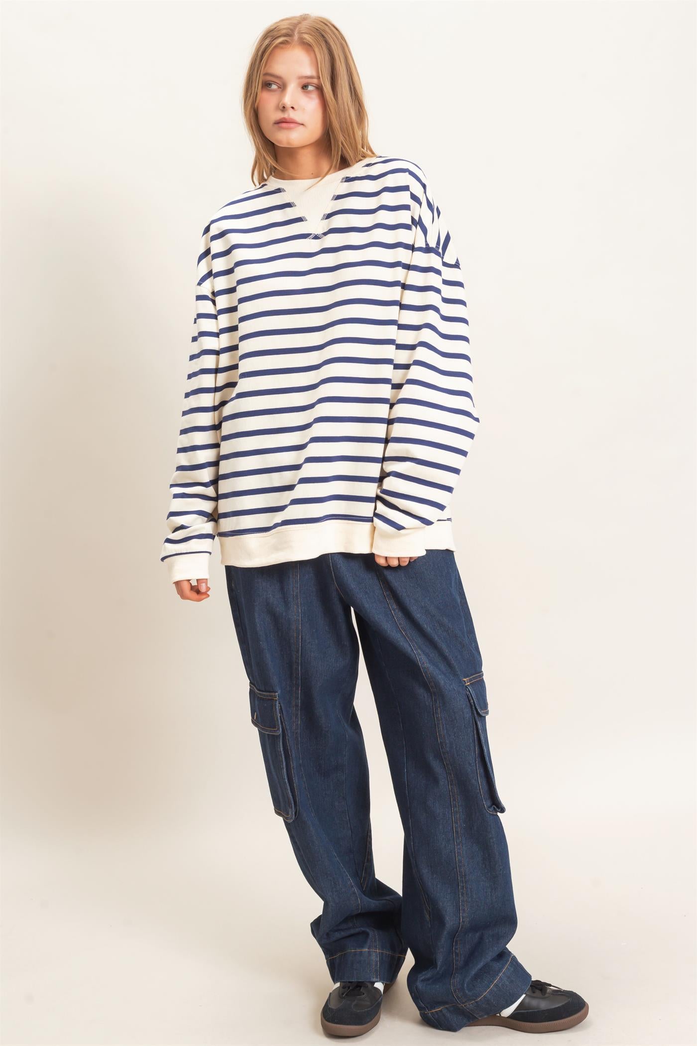 Wholesale Striped Long Sleeve Pullover Sweatshirts HF26F077 NAVY/CREAM HYFVE