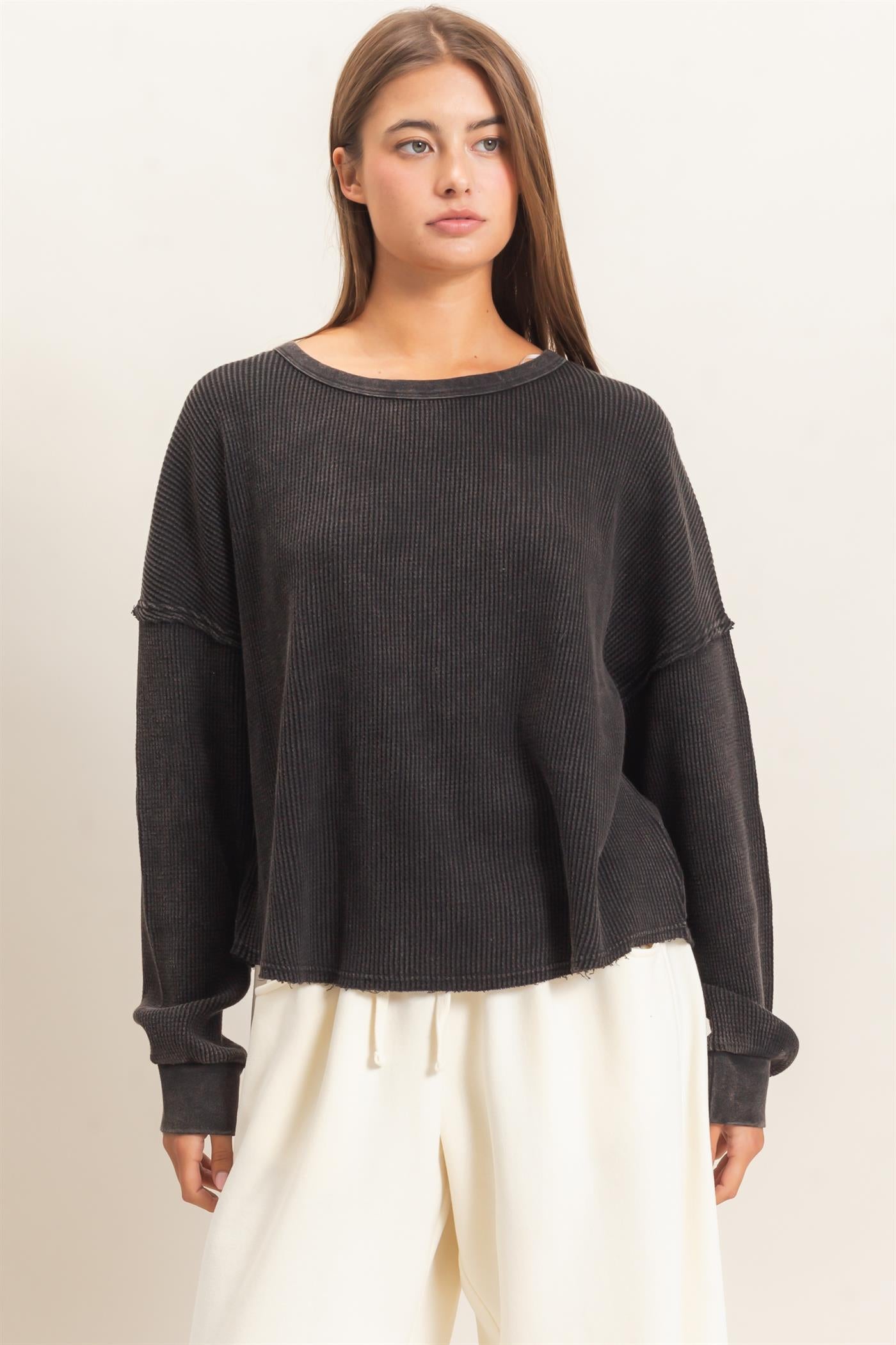 Wholesale Mineral Wash Waffle Oversized Top Clothing Tops DZ26E248 BLACK DOUBLE ZERO