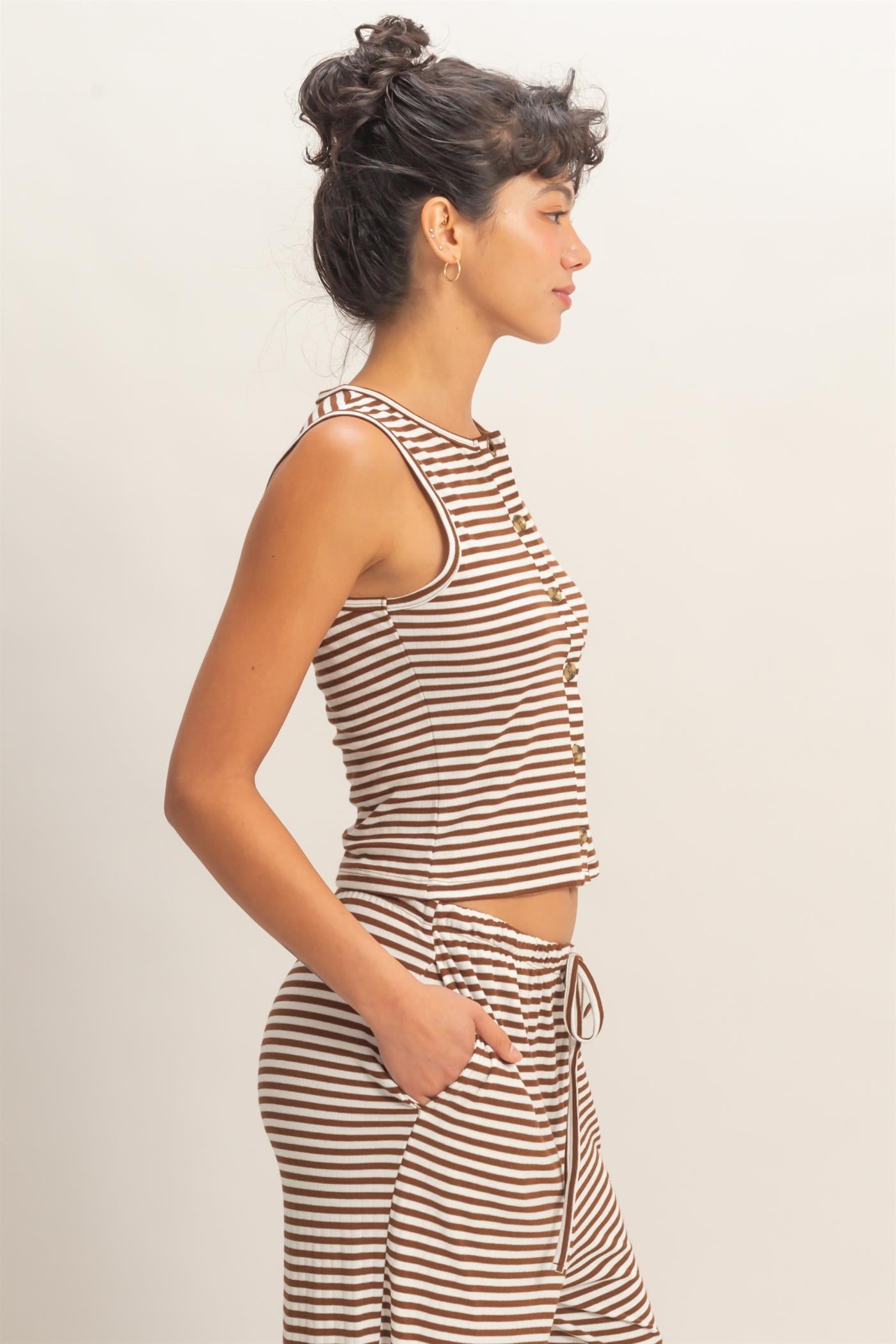 Wholesale Striped Button-Front Crew Neck Sleeveless Top Clothing Tops DZ26C075 BROWN DOUBLE ZERO
