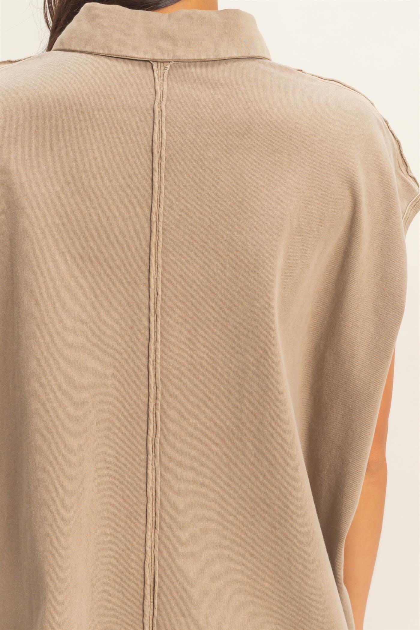 Wholesale Pigment Dye Sleeveless Polo Oversized Top Clothing Tops DZ26C618 MOCHA DOUBLE ZERO