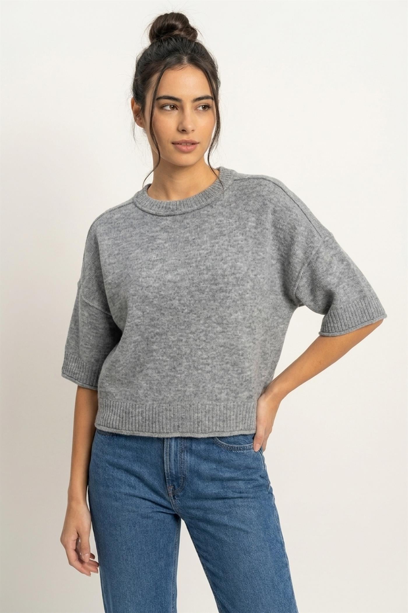 Wholesale Seam Detail Short Sleeve Knit Top Clothing Tops DZ26A827 HEATHER GRAY DOUBLE ZERO